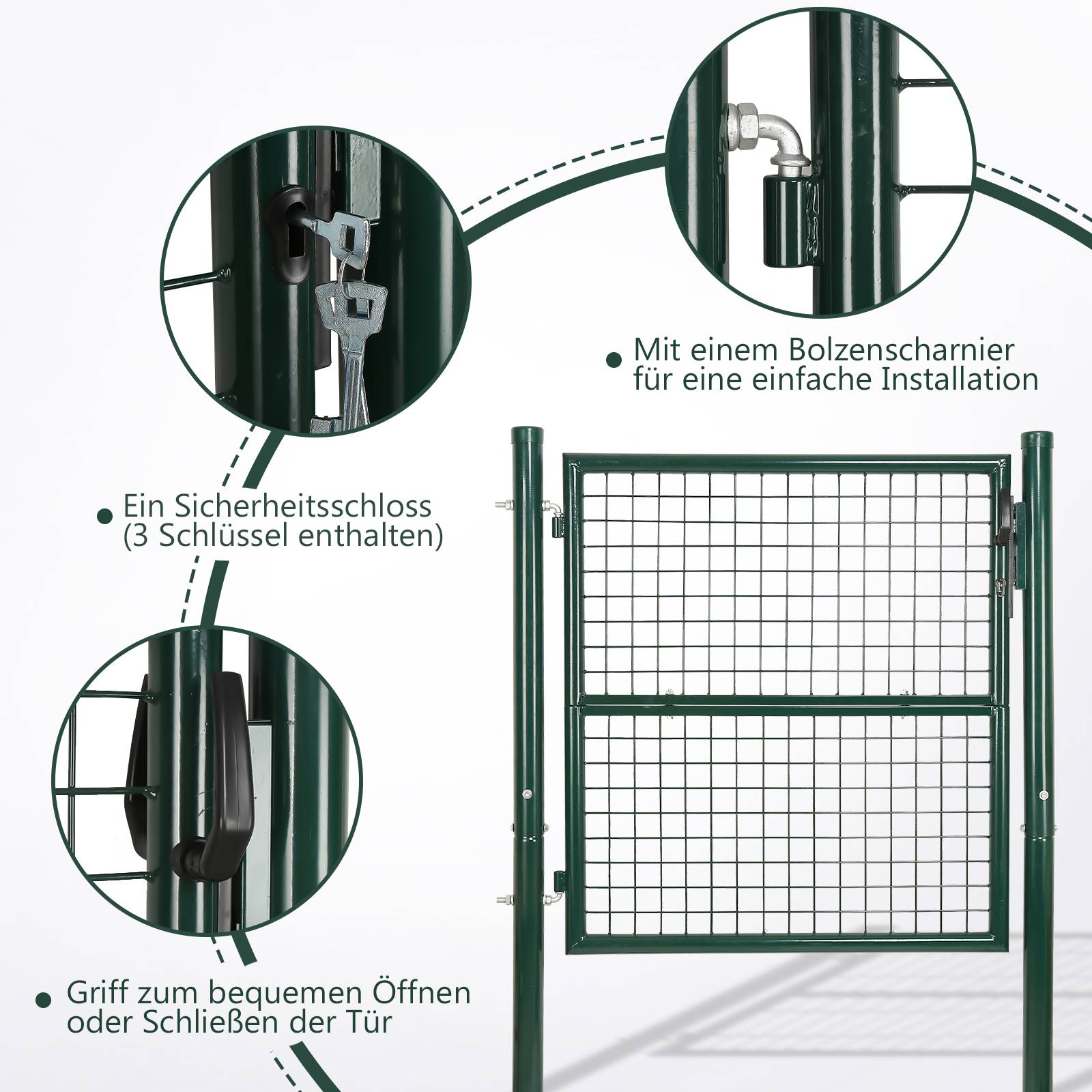 Gartentor Zauntür Gartenzaun Gartentore Pulverbeschichtet Verzinkt mit Schloss Türklinke und Schlüssel Grün Rundpfosten 150x100cm