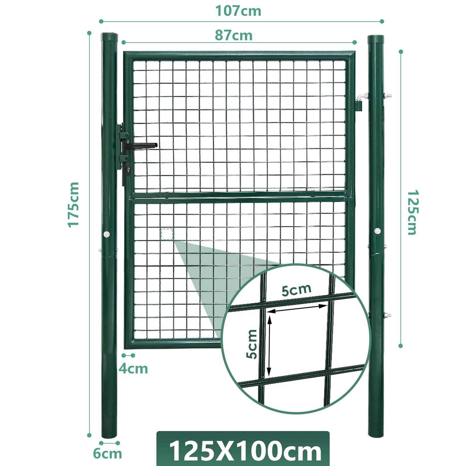 Gartentor Zauntür Gartenzaun Gartentore Pulverbeschichtet Verzinkt mit Schloss Türklinke und Schlüssel Grün Rundpfosten 125x100cm
