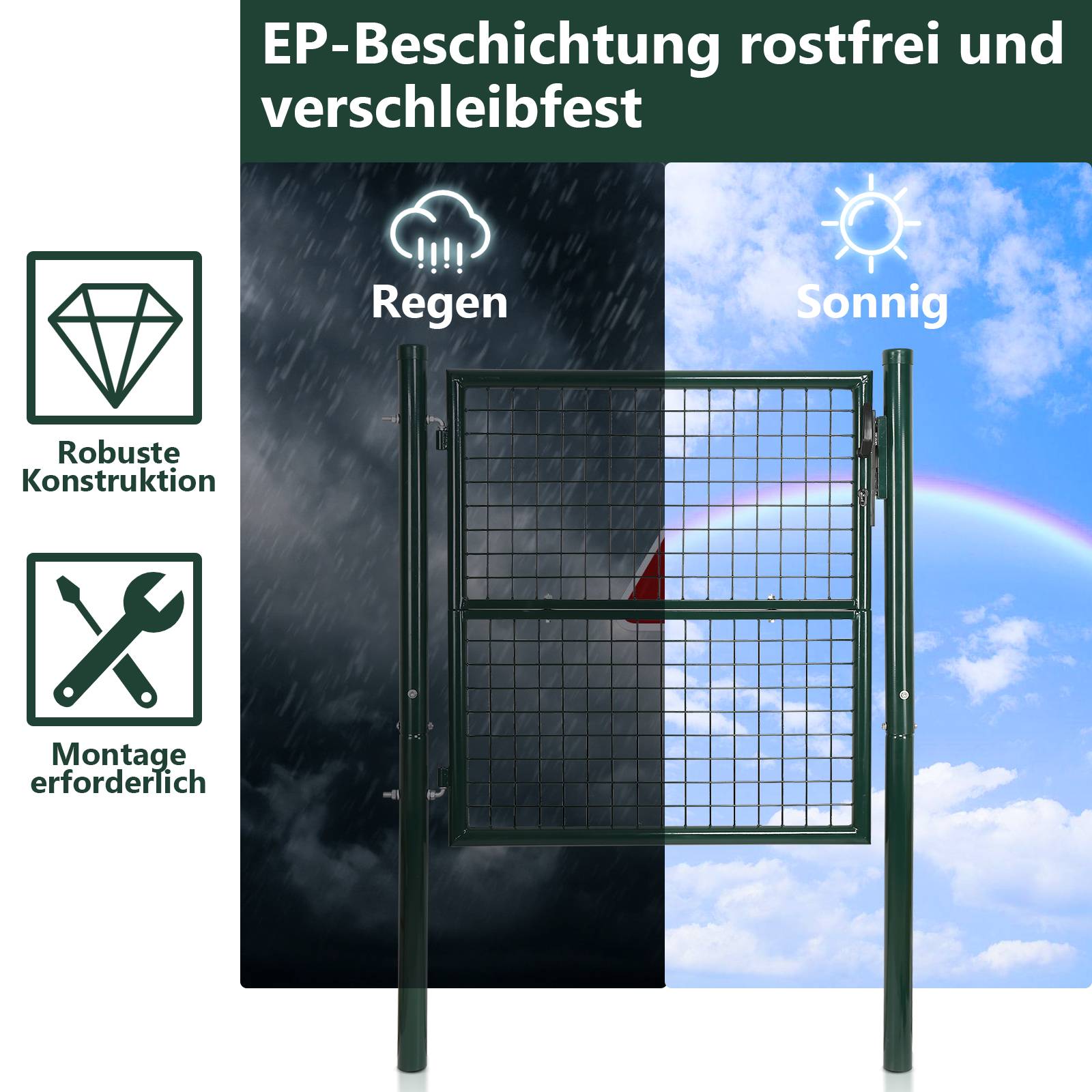Gartentor Zauntür Gartenzaun Gartentore Pulverbeschichtet Verzinkt mit Schloss Türklinke und Schlüssel Grün Rundpfosten 150x100cm