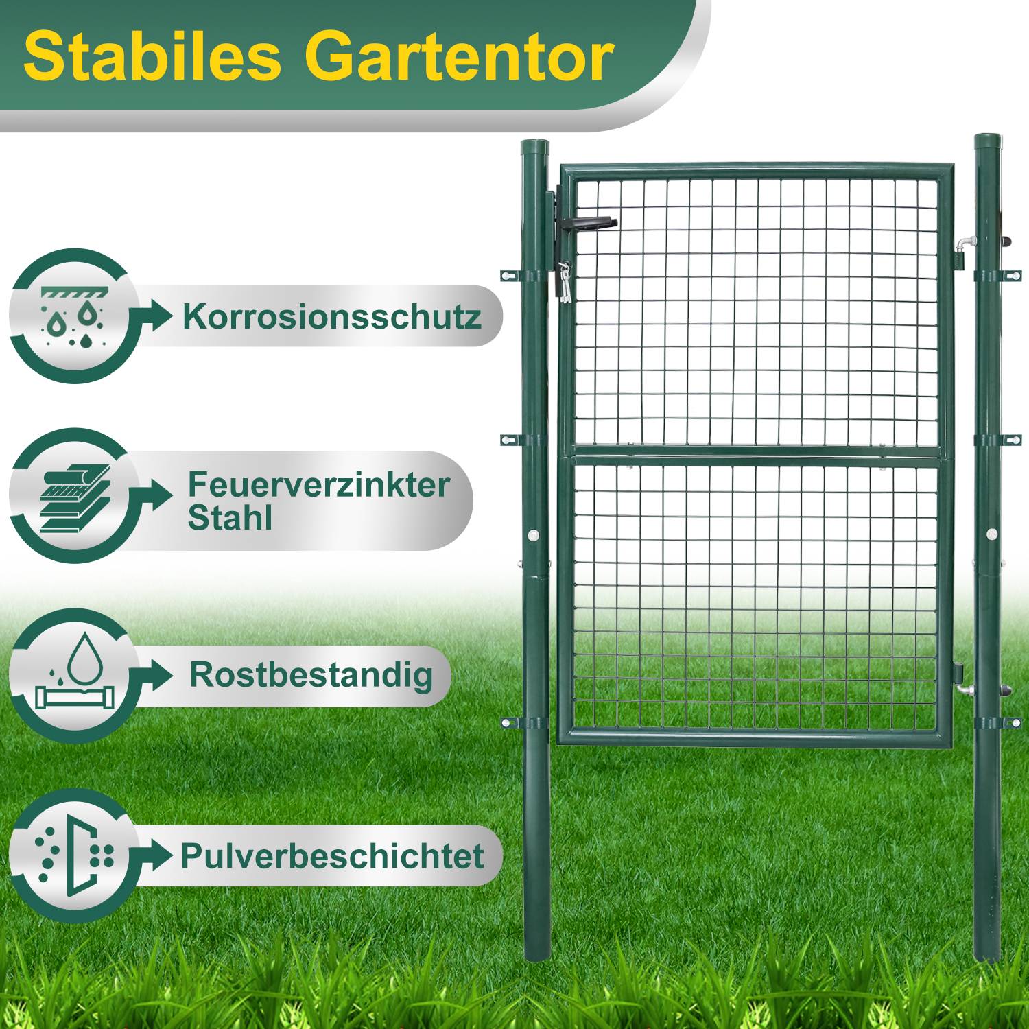 Gartentor Zauntür Gartenzaun Gartentore Pulverbeschichtet Verzinkt mit Schloss Türklinke und Schlüssel Grün Rundpfosten 150x100cm