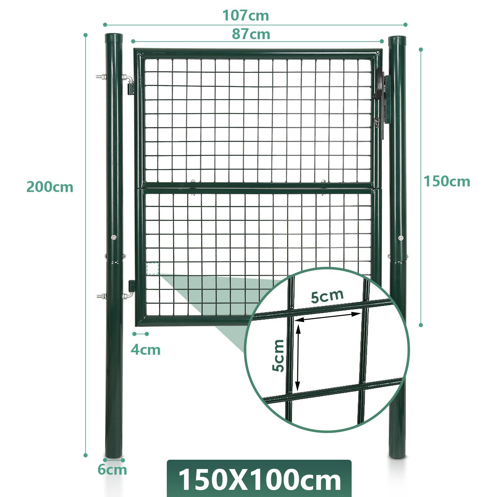 Gartentor Gartentür Zauntor Hoftuer Pulverbeschichtet Verzinkt mit Schloss Türklinke und Schlüssel Grün Rundpfosten 150x100cm