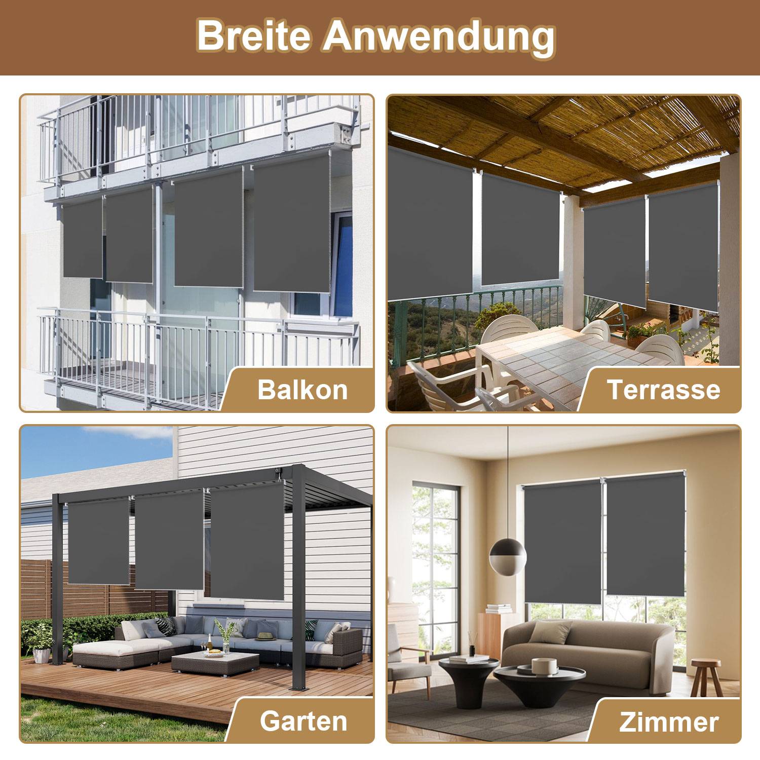 2 Stücke Senkrechtmarkise Anthrazit 140 x 140cm Vertikalmarkise für Terrasse Balkon Seitenrollo Sichtschutz Sonnenschutz UV-Beständig