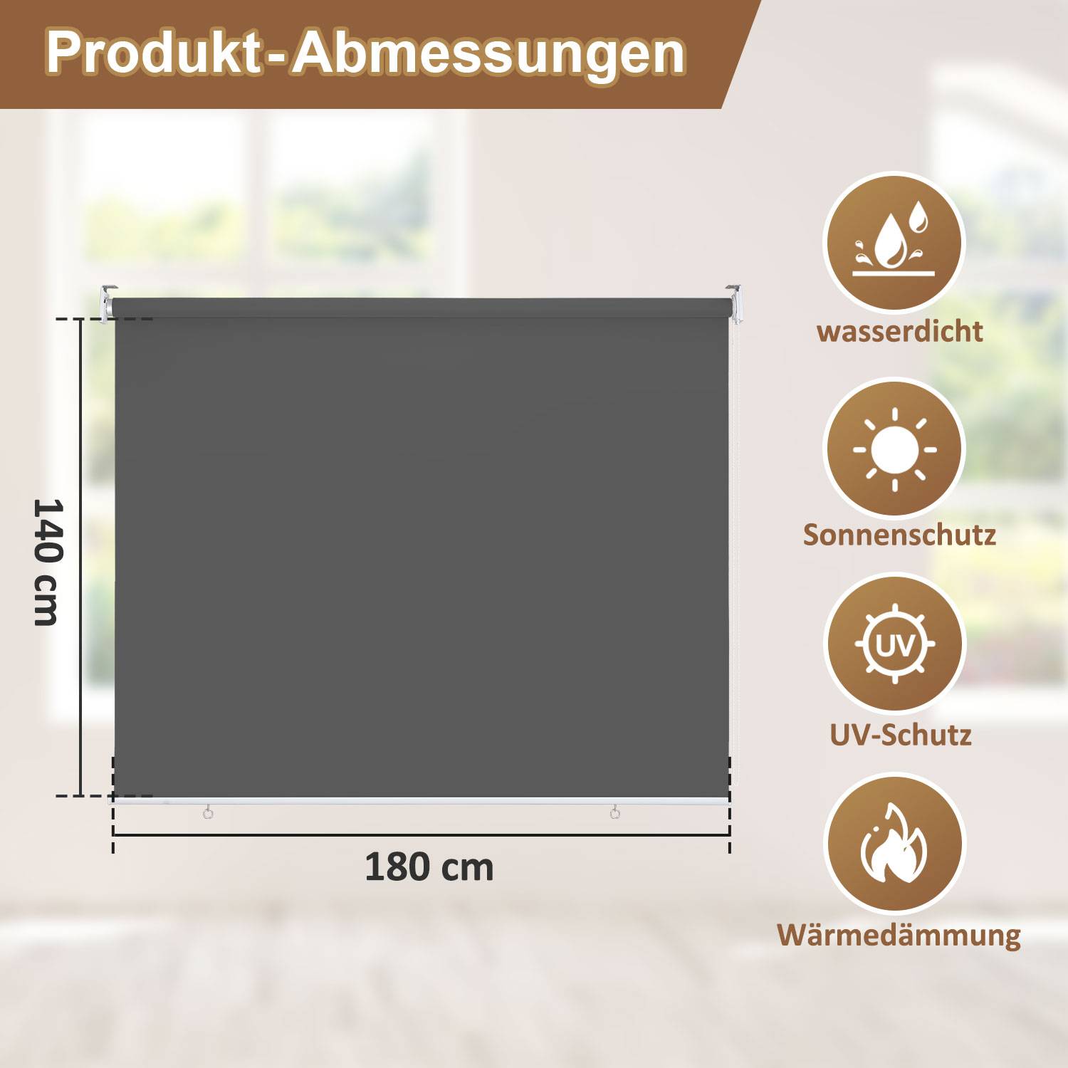 Senkrechtmarkise Anthrazit 180 x 140cm Vertikalmarkise für Terrasse Balkon Seitenrollo Sichtschutz Sonnenschutz UV-Beständig