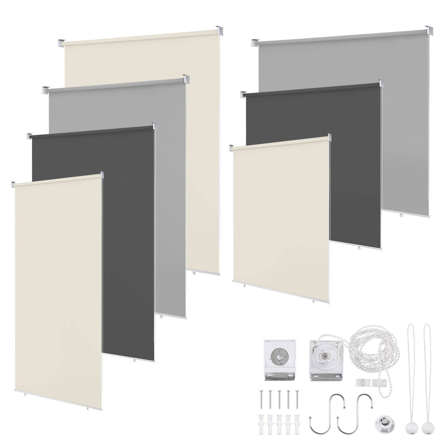 Dreischichtige Stoffrollollos in Creme, Grau und Dunkelgrau, dargestellt mit Montagebeschlägen und Zugzubehör.