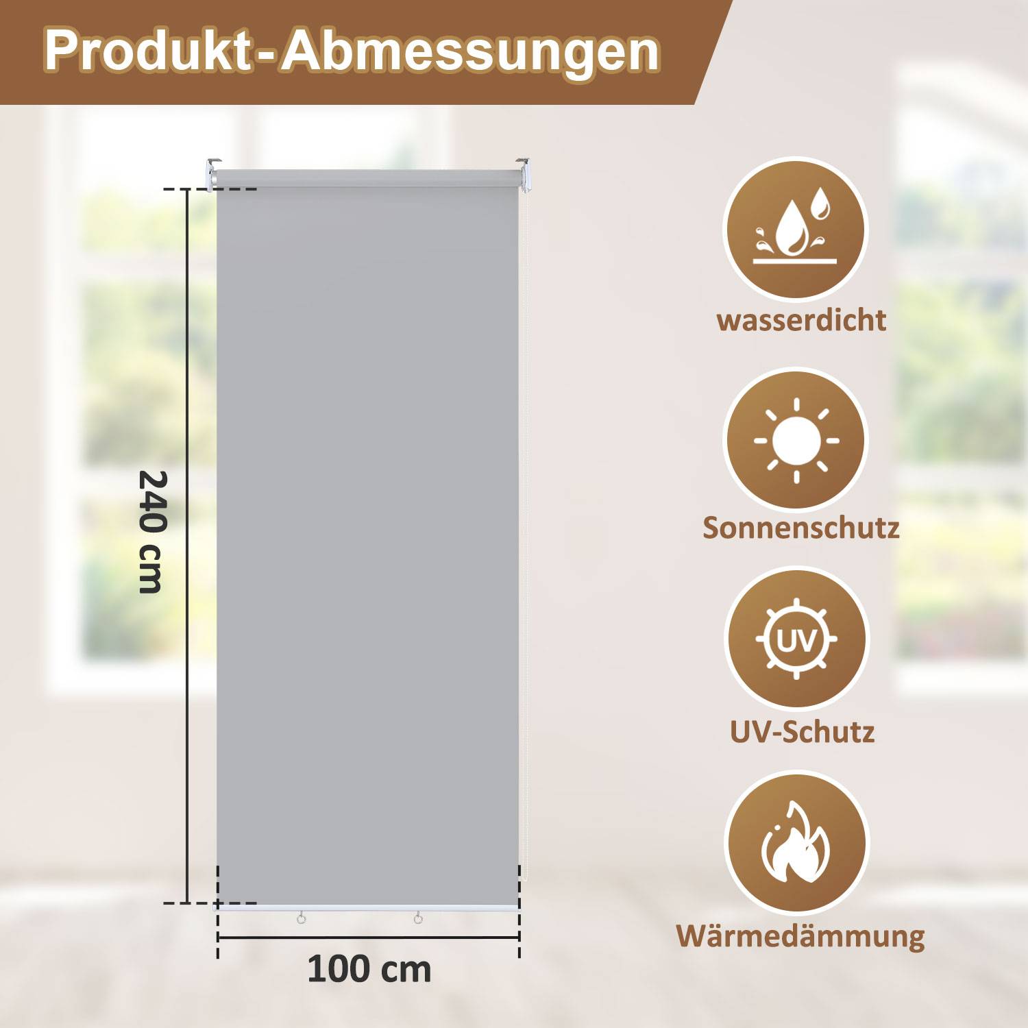 Senkrechtmarkise Grau 100 x 240cm Vertikalmarkise für Terrasse Balkon Seitenrollo Sichtschutz Sonnenschutz UV-Beständig