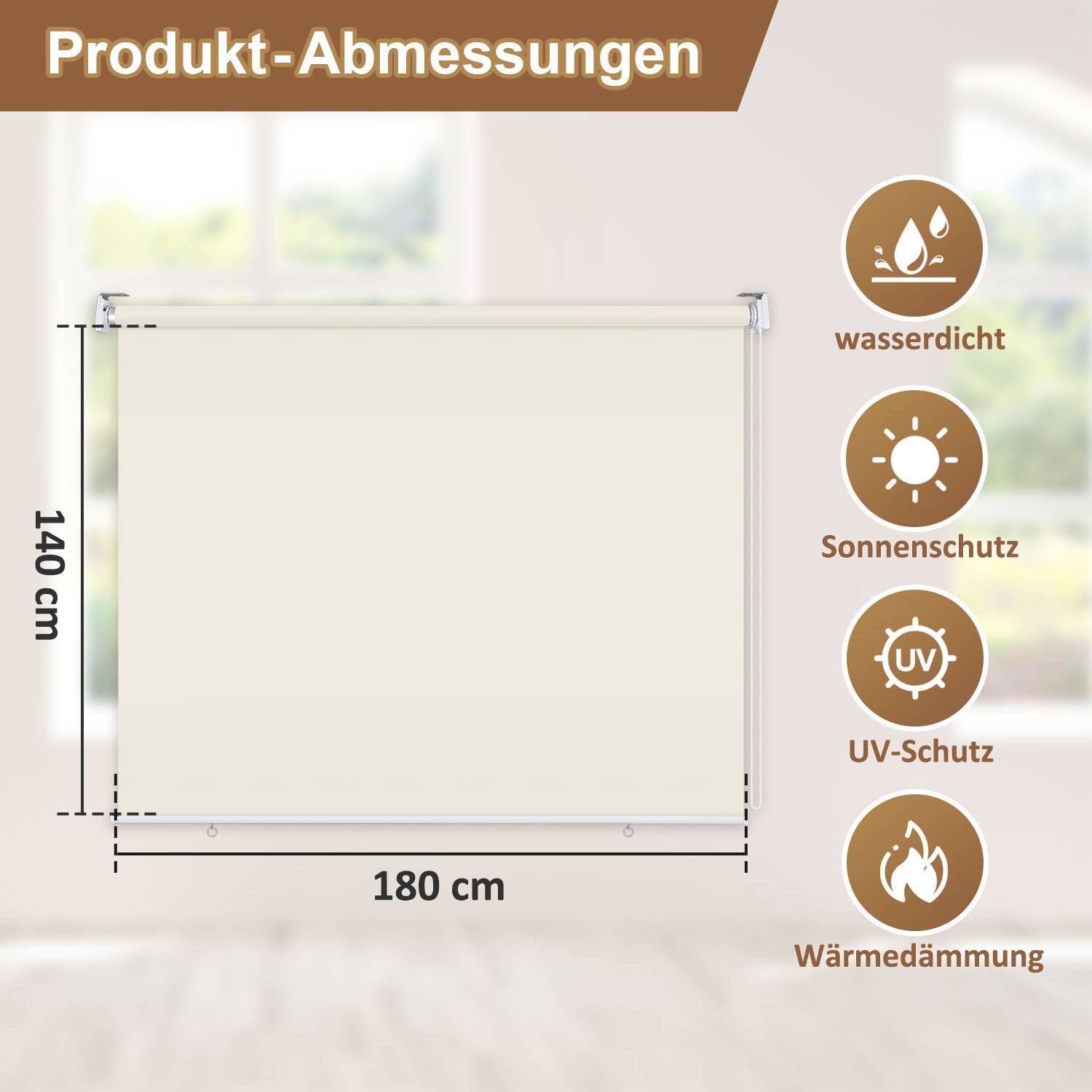 Senkrechtmarkise Beige 180 x 140cm Vertikalmarkise für Terrasse Balkon Seitenrollo Sichtschutz Sonnenschutz UV-Beständig