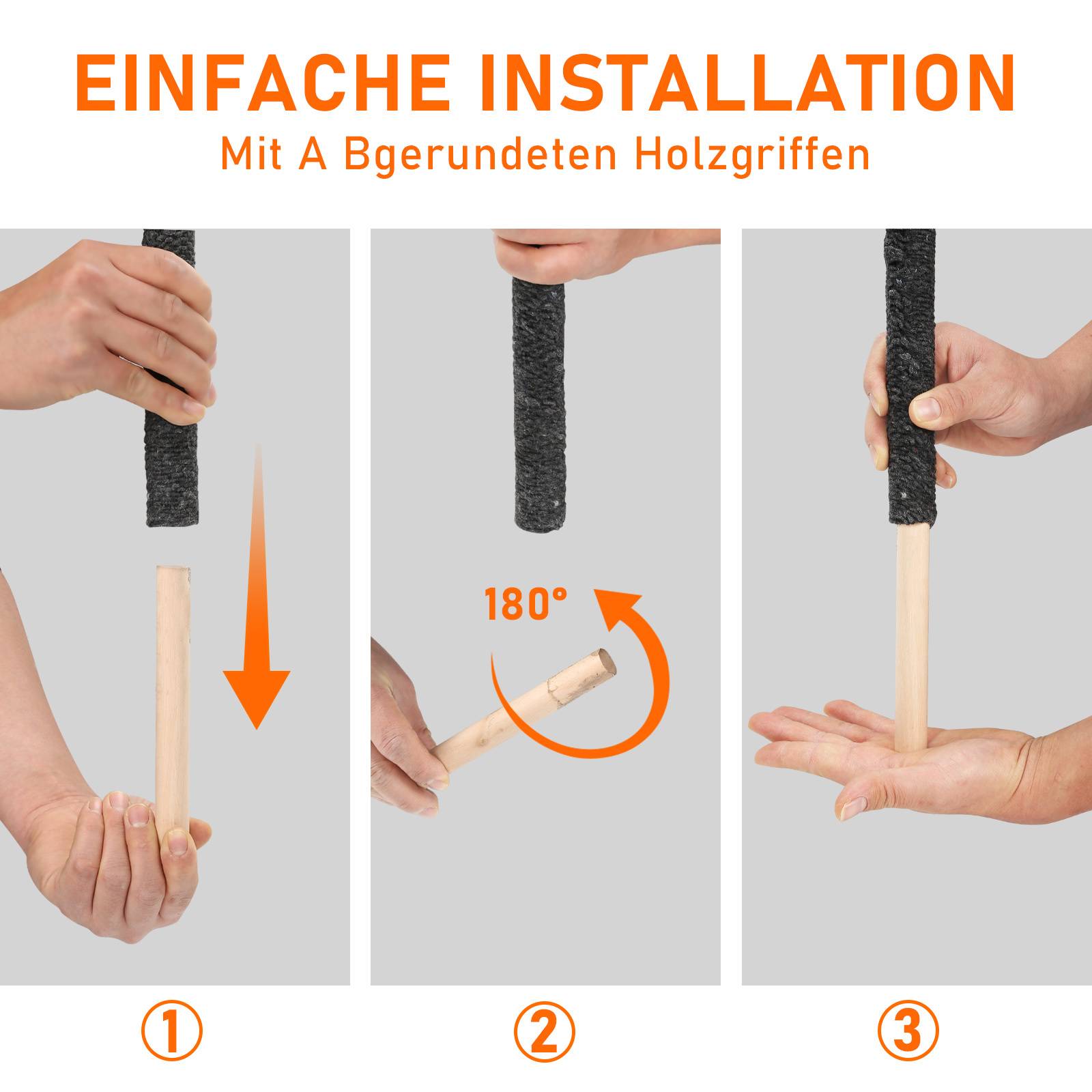 Installationsanleitung in drei Schritten für einen abgerundeten Holzgriff: Den Stab einführen, ihn um 180 Grad drehen und dann an Ort und Stelle sichern.