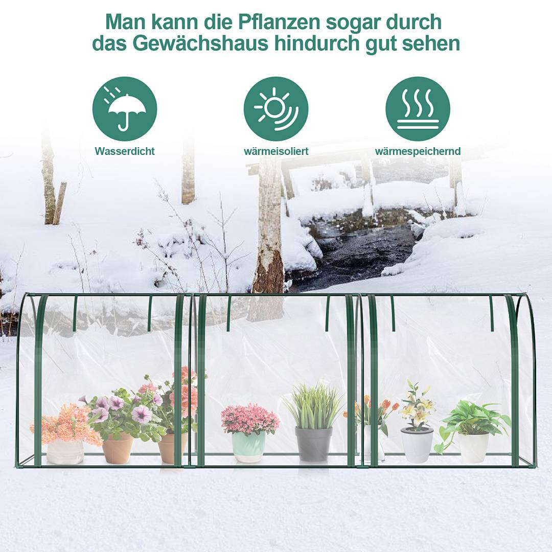 Illustration eines Gewächshauses bei Schneefall mit gesunden Topfpflanzen im Inneren; Text besagt, dass Pflanzen durch das Gewächshaus sichtbar sind, und Symbole vermerken wasserdicht, wärmeisoliert und wärmespeichernd.