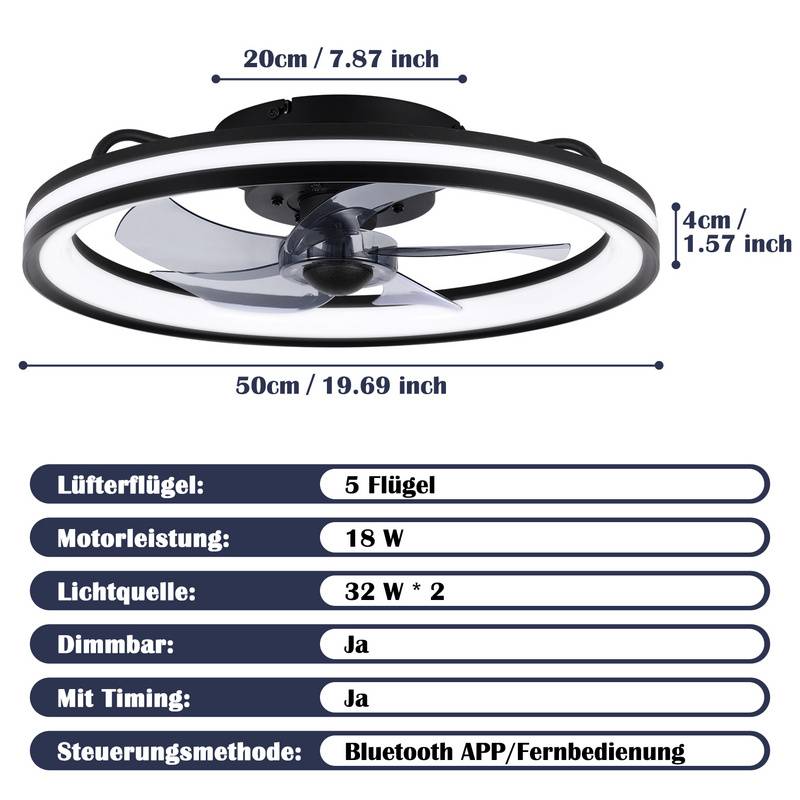 48CM Deckenventilator mit LED Beleuchtung und Fernbedienung Ventilator Lüfter Deckenlampe Schwarz