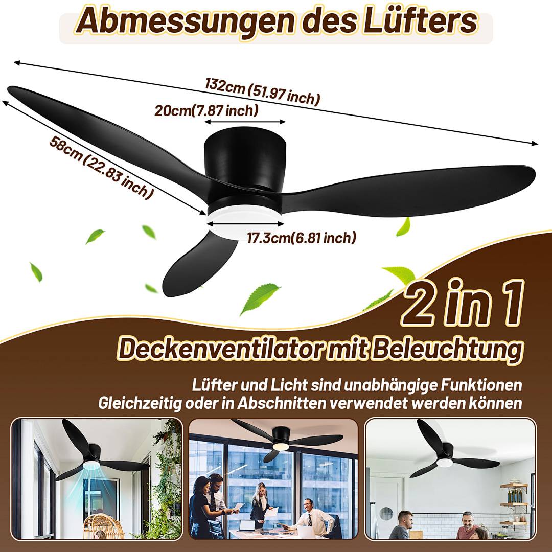 Infografik eines 2-in-1-Deckenventilators mit Licht, zeigt Spannweite von 132 cm, Blattlänge von 58 cm, Motorhöhe von 20 cm und Basisbreite von 17,3 cm, plus Beispielrauminstallationen.