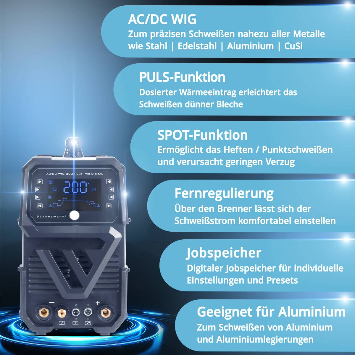 STAHLWERK Schutzgas Schweißgerät AC/DC WIG 200 Puls Pro Digital Spot 200 A