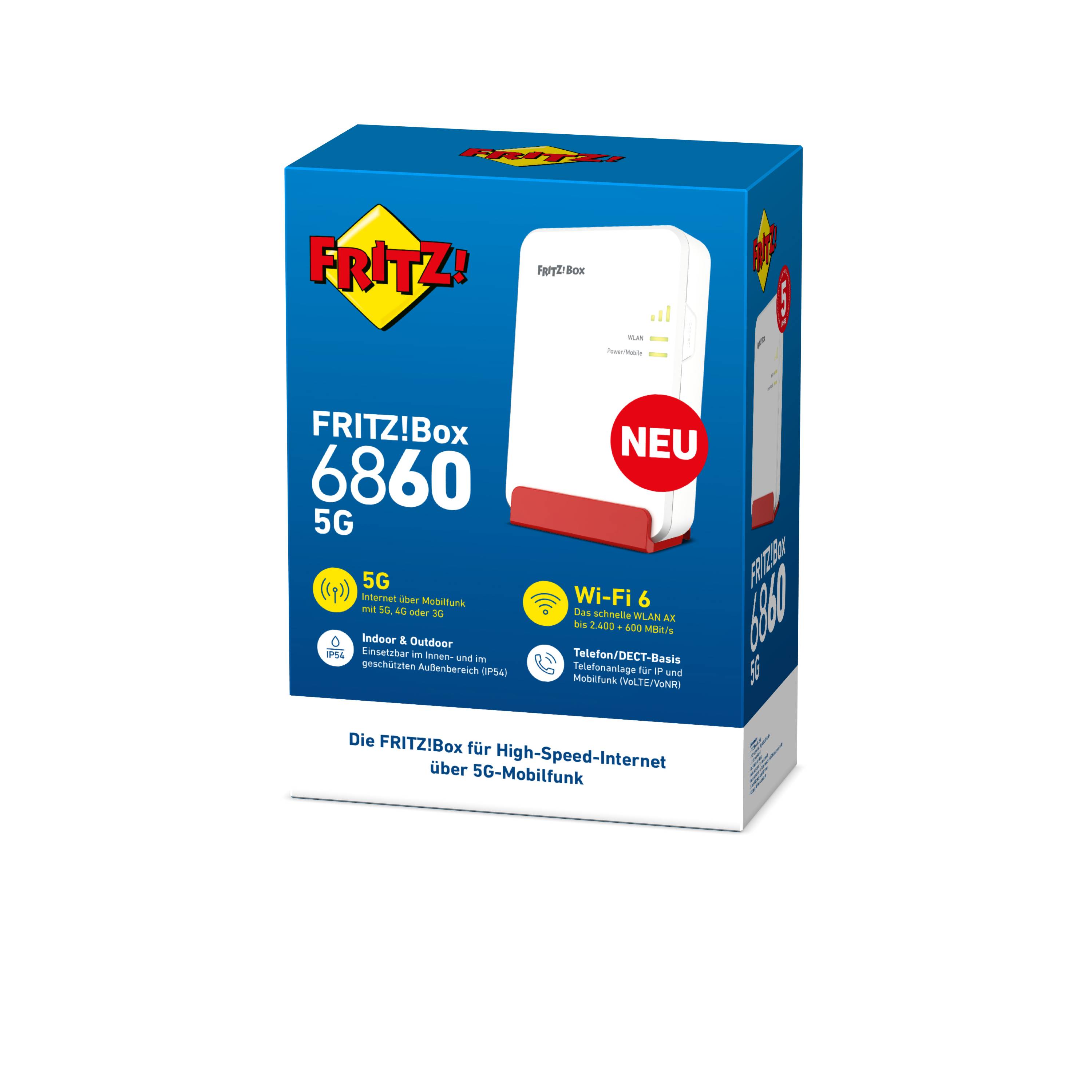 FRITZ! AVM FRITZ!Box 6860 5G - Wireless Router - WWAN 1GbE - Wi-Fi 5, Wi-Fi 6 - Dual-Band - 3G, 4G, 5G - VoIP-Telefonadapter (DECT)