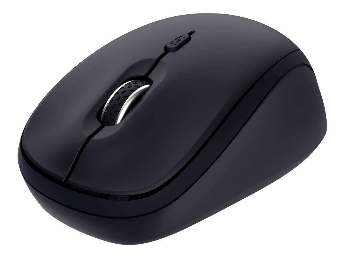 Eine schwarze kabellose Computermaus mit einem Scrollrad und einer DPI-Taste oben.