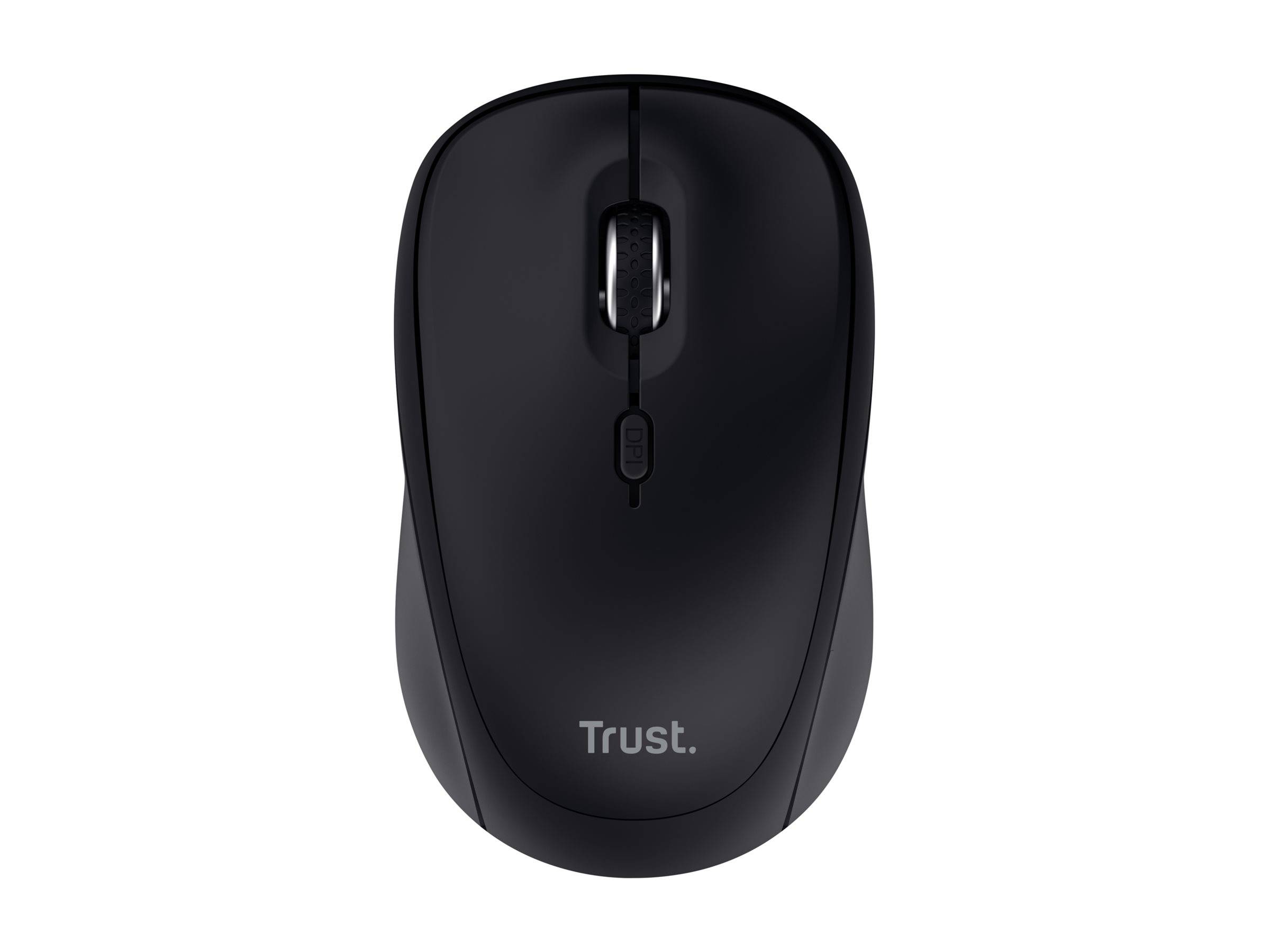 Eine schwarze kabellose Computermaus mit Scrollrad, auf der Vorderseite mit der Marke „Trust