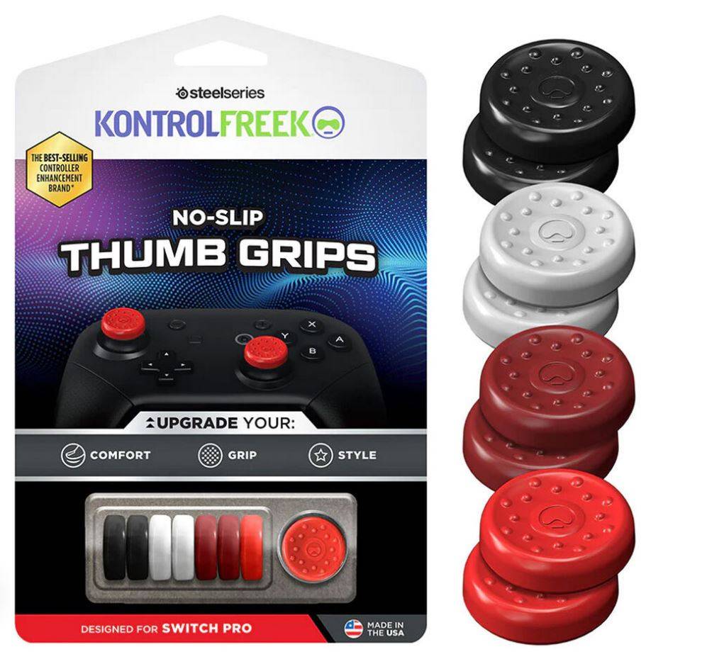 KontrolFreek Thumb Grips Verpackung zeigt schwarze, weiße, rote und graue Griffe. Eigenschaften umfassen ‚zusätzlichen Komfort' und ‚bessere Kontrolle'.
