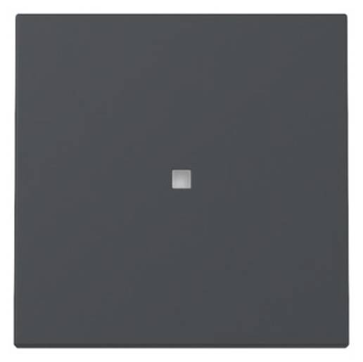 Ein quadratischer, dunkelgrauer Lichtschalter mit einem kleinen, quadratischen Knopf in der Mitte.