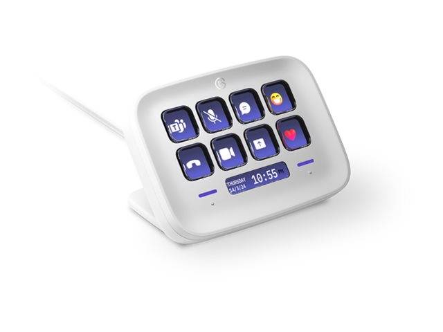 Ein weißes elektronisches Gerät mit einem Bildschirm, auf dem neun Symbole, darunter ein Herz und eine Messaging-Funktion, sowie eine digitale Uhr mit der Anzeige '10:55 Uhr' zu sehen sind.