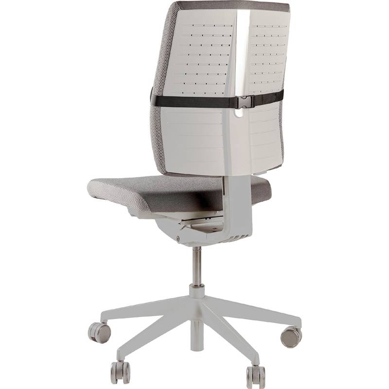 Ein moderner Bürostuhl mit grau gepolstertem Sitz und Rückenlehne, ausgestattet mit einem schwarzen Stützband und einem weißen Kunststoffrahmen auf einem Rollen-Gestell.