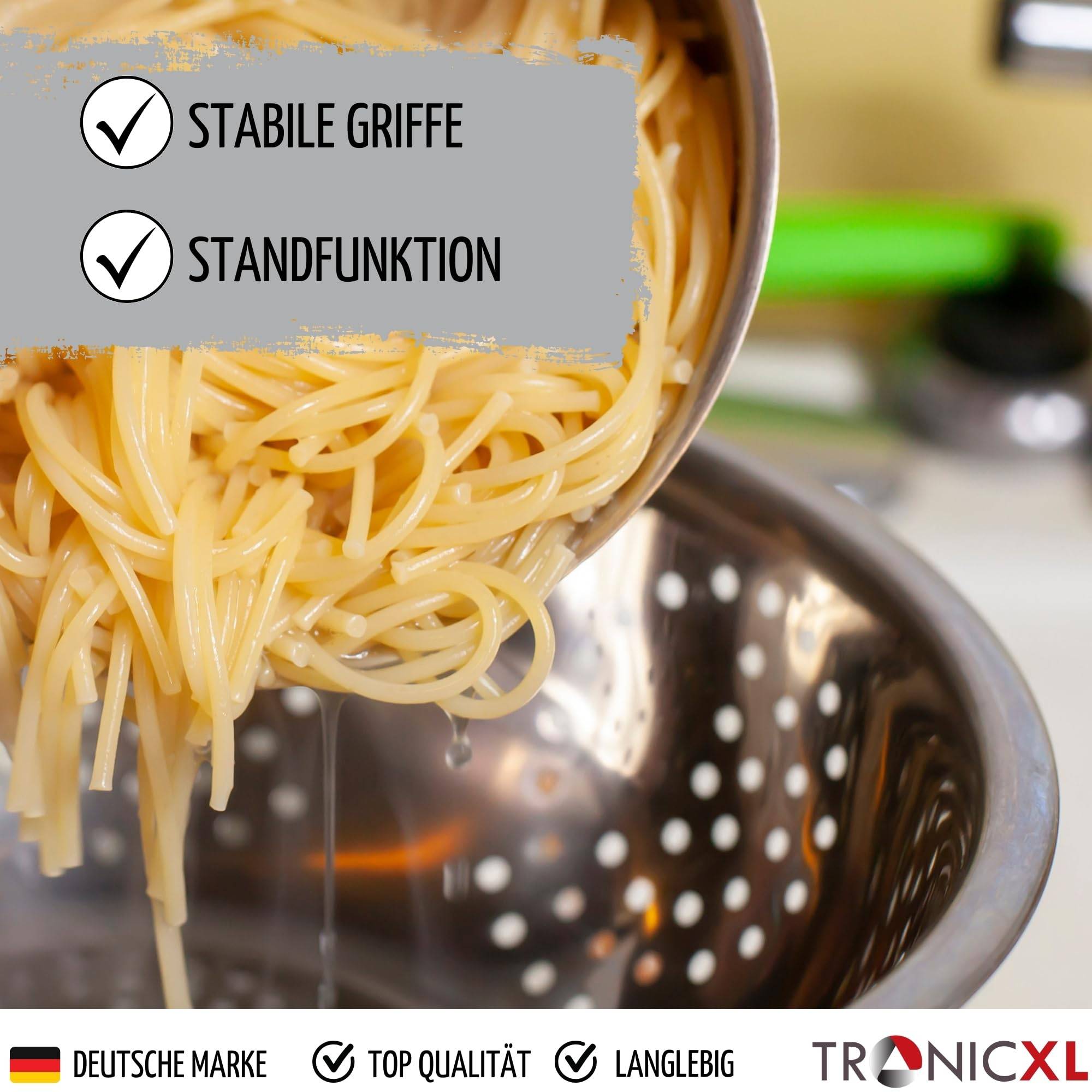 3 Stück Sieb Edelstahl Küchensieb Nudelsieb Abseiher Seiher Abtropfsieb Siebkorb Abseischüssel mit Griff und Standfunktion Ständer Standseiher Abs