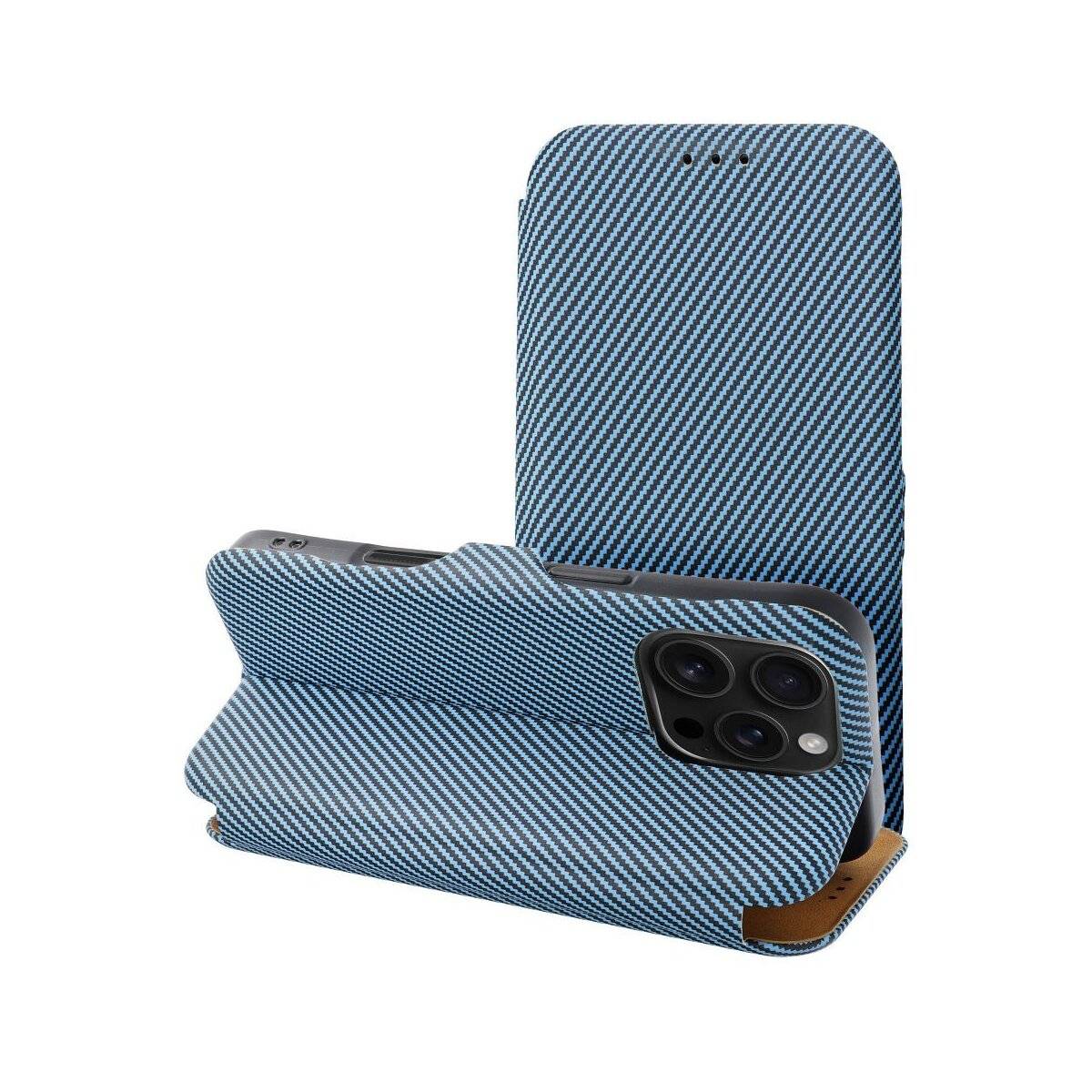 Carbon Buchtasche + 9H Schutzglas für iPhone 16 Plus Blau