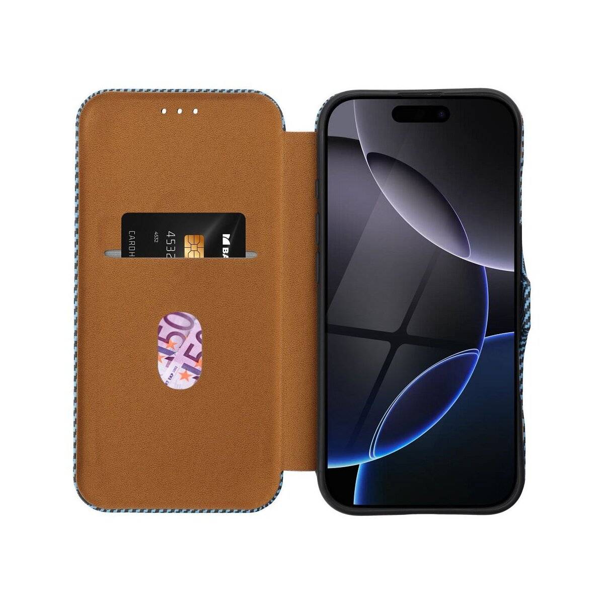 Side Magnet Carbon Buchtasche kompatibel mit Samsung Galaxy A15 Blau