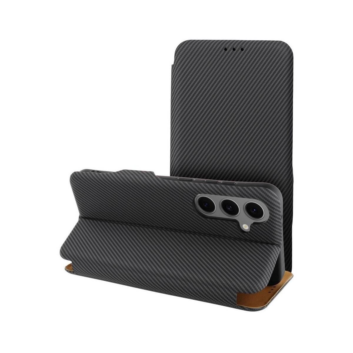 Side Magnet Carbon Buchtasche kompatibel mit Samsung Galaxy S25 Plus Grau