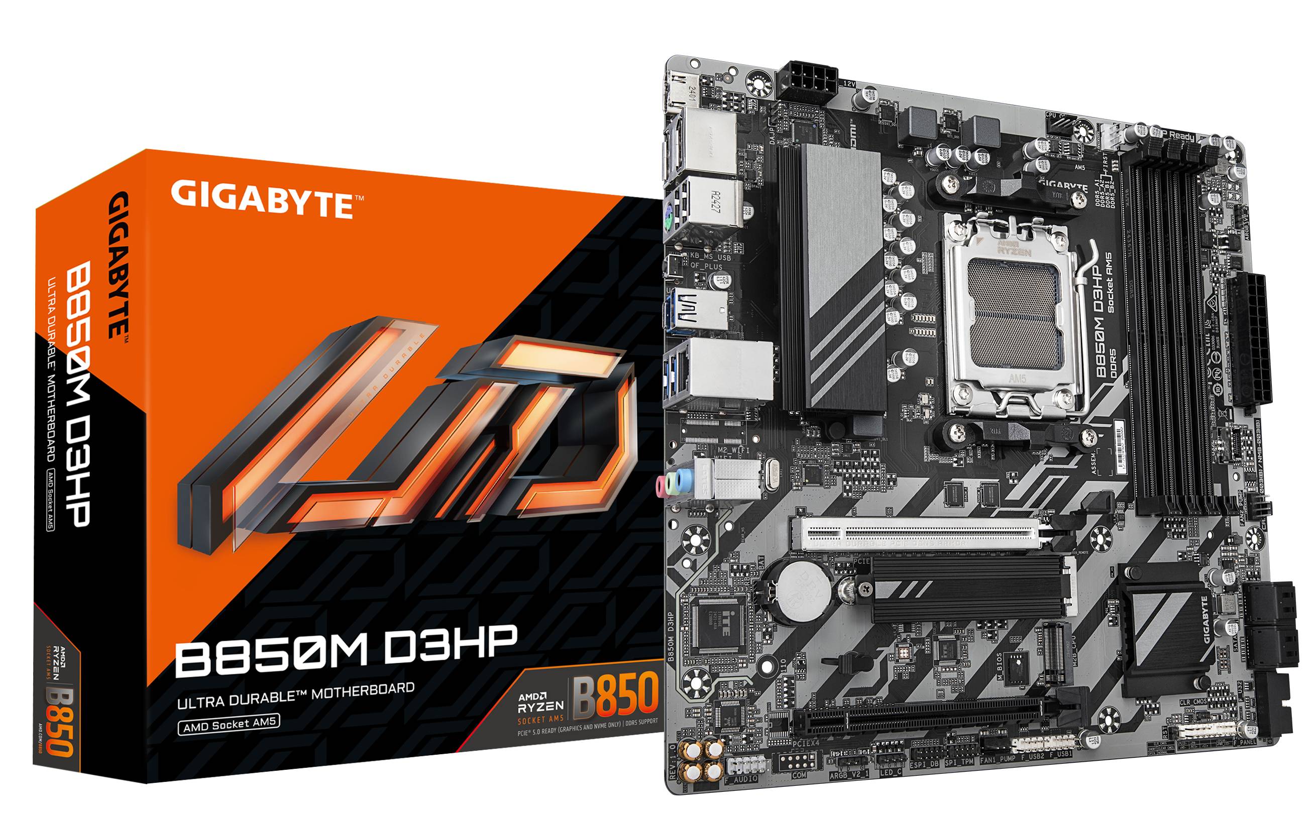 Gigabyte B850M D3HP Ultra Durable Motherboard mit seiner Einzelhandelsverpackung abgebildet, mit AMD Ryzen B850 Branding.