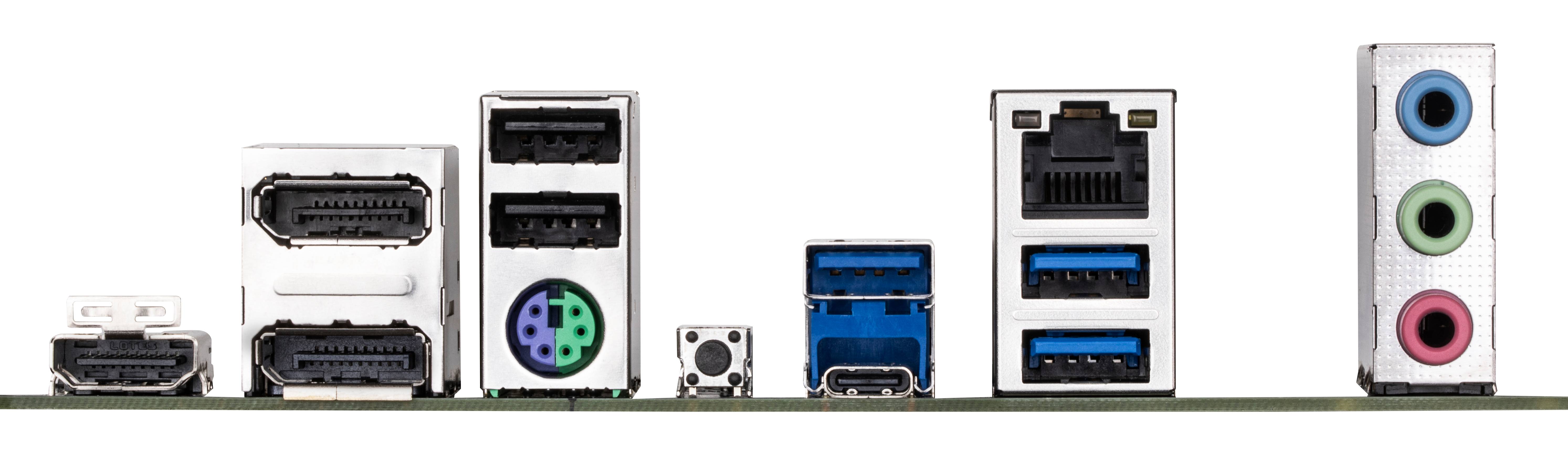 Verschiedene Computer-E/A-Anschlüsse und Stecker in einer Reihe, einschließlich HDMI, USB, Ethernet, Audio-Buchsen sowie ältere Video- und Geräteanschlüsse.