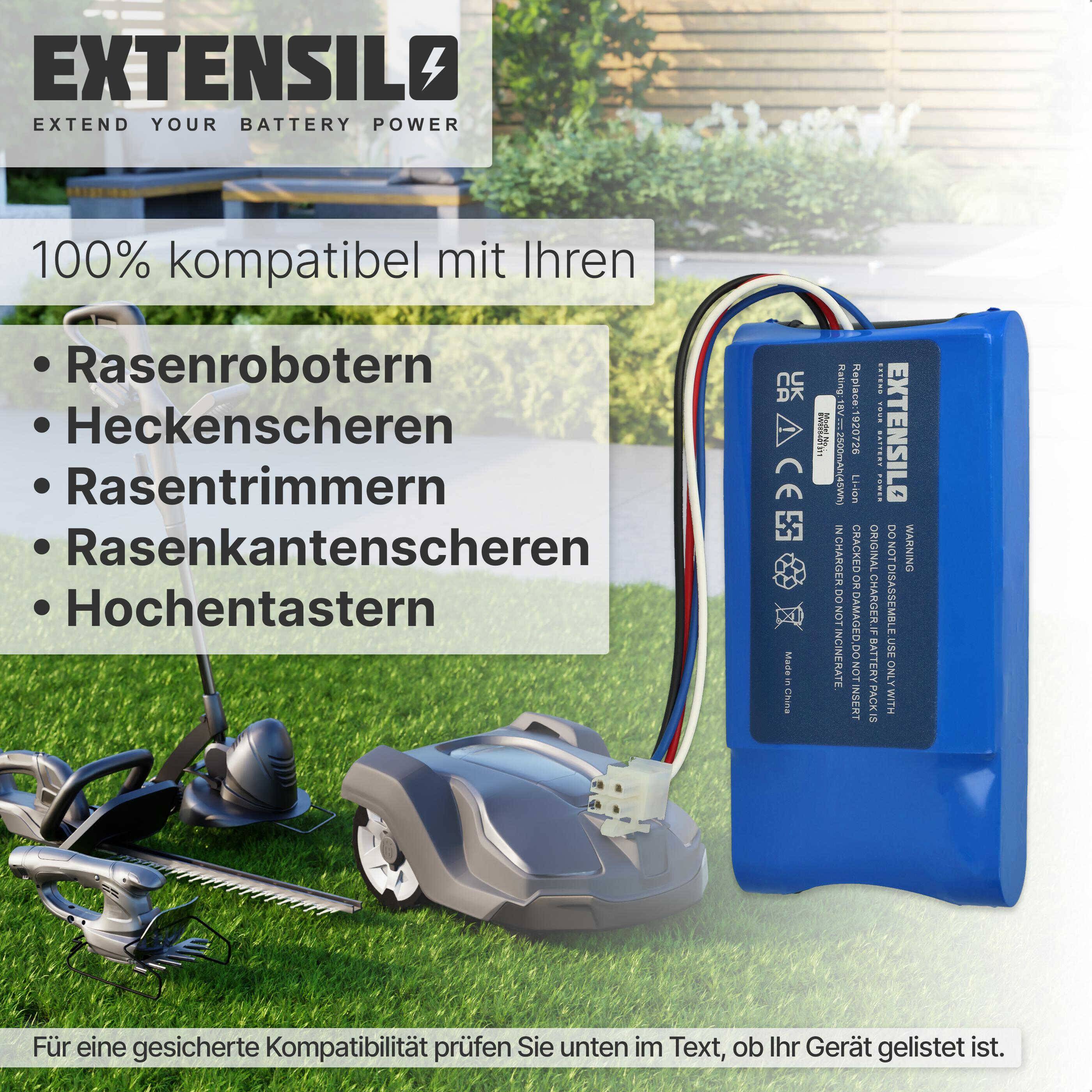 EXTENSILO Akku kompatibel mit Yard Force Amiro 400, 400i, 350i, 350 Rasenroboter Rasenmäher (2500mAh 18V Li-Ion)