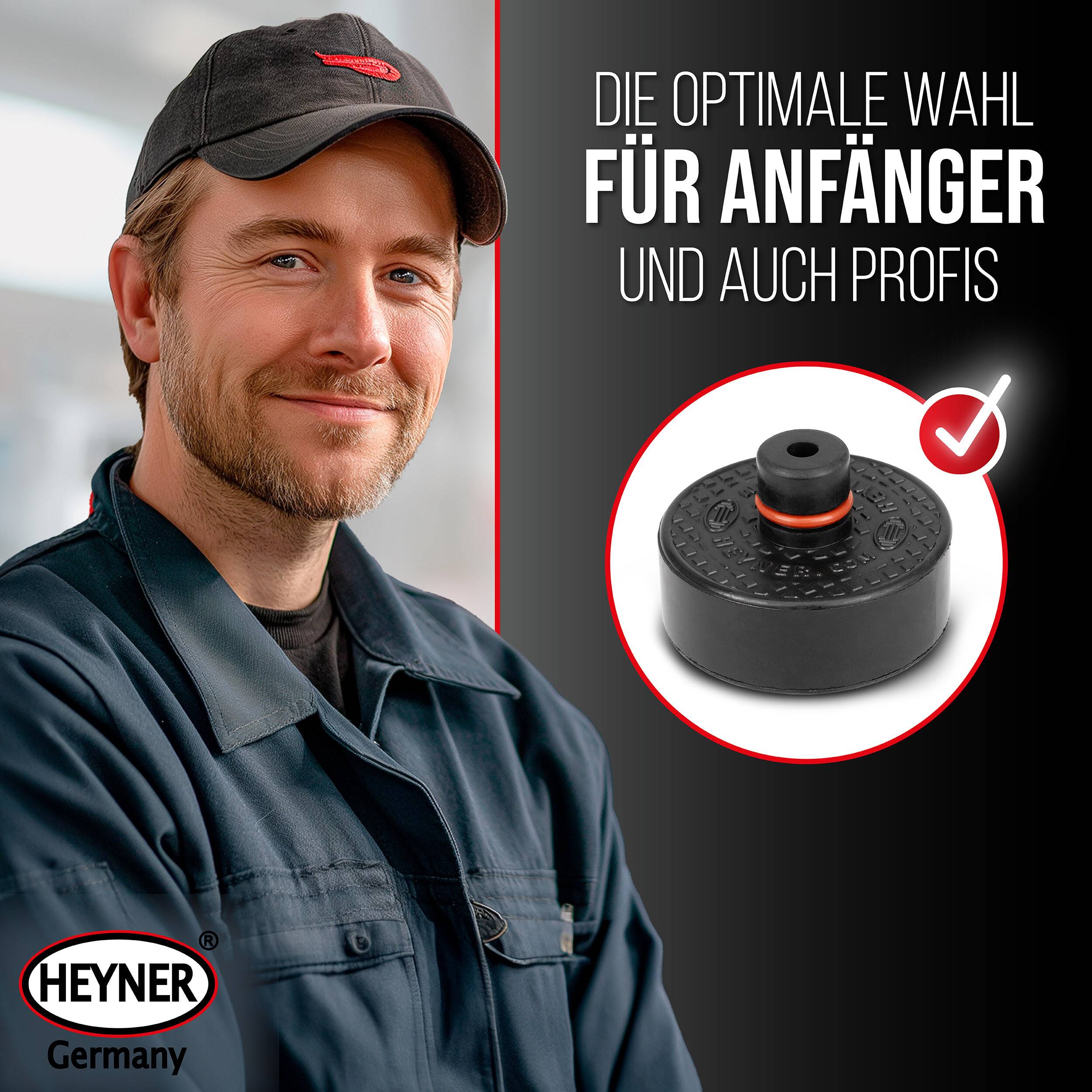 Werbebild eines lächelnden Mannes in Arbeitskleidung neben einem Produkt mit der Bezeichnung „HEYNER Germany