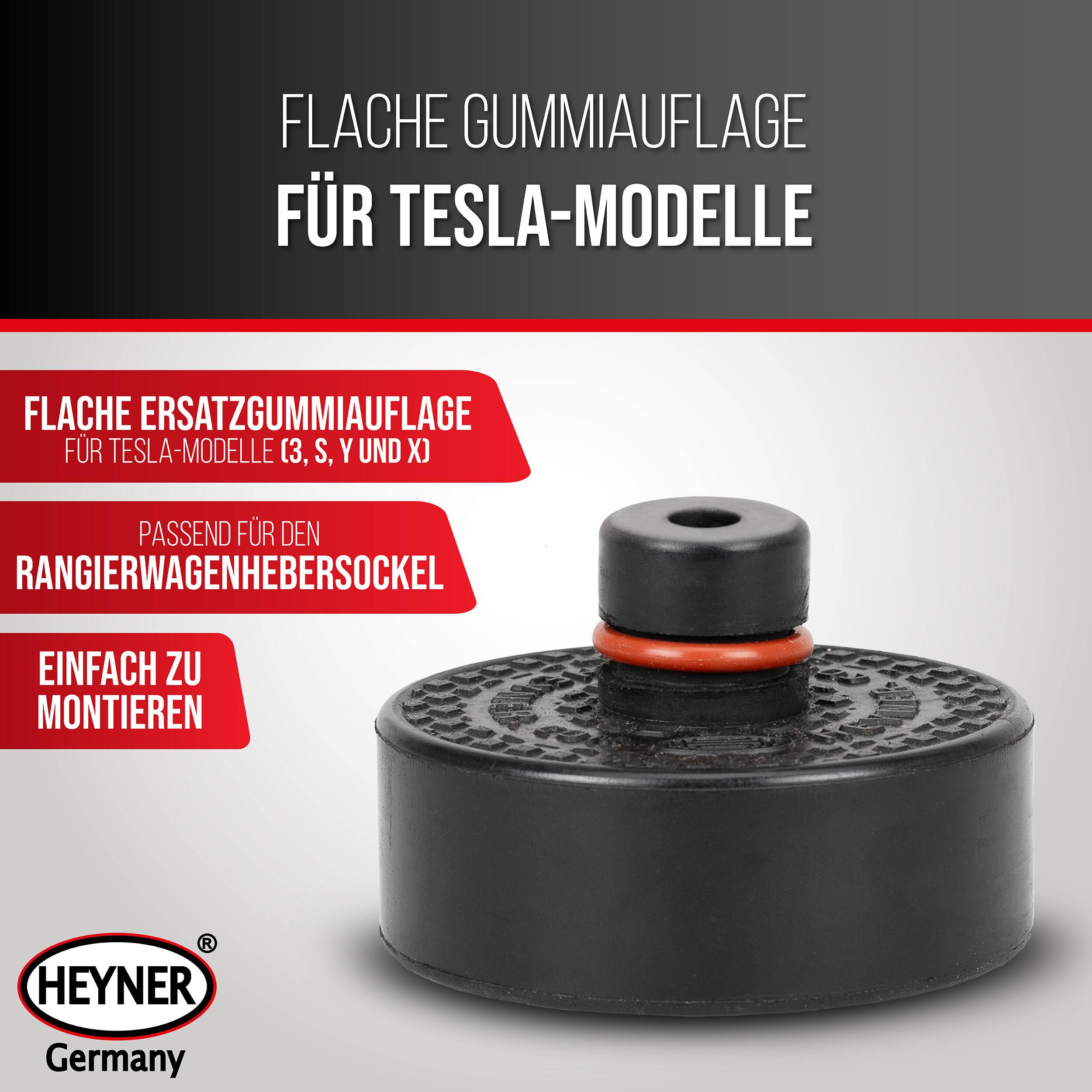 Produktanzeige für eine flache Ersatz-Gummiauflage für Tesla-Modelle 3, S, Y und X, gezeigt mit Funktionen: geeignet für Wagenheber und einfache Installation.