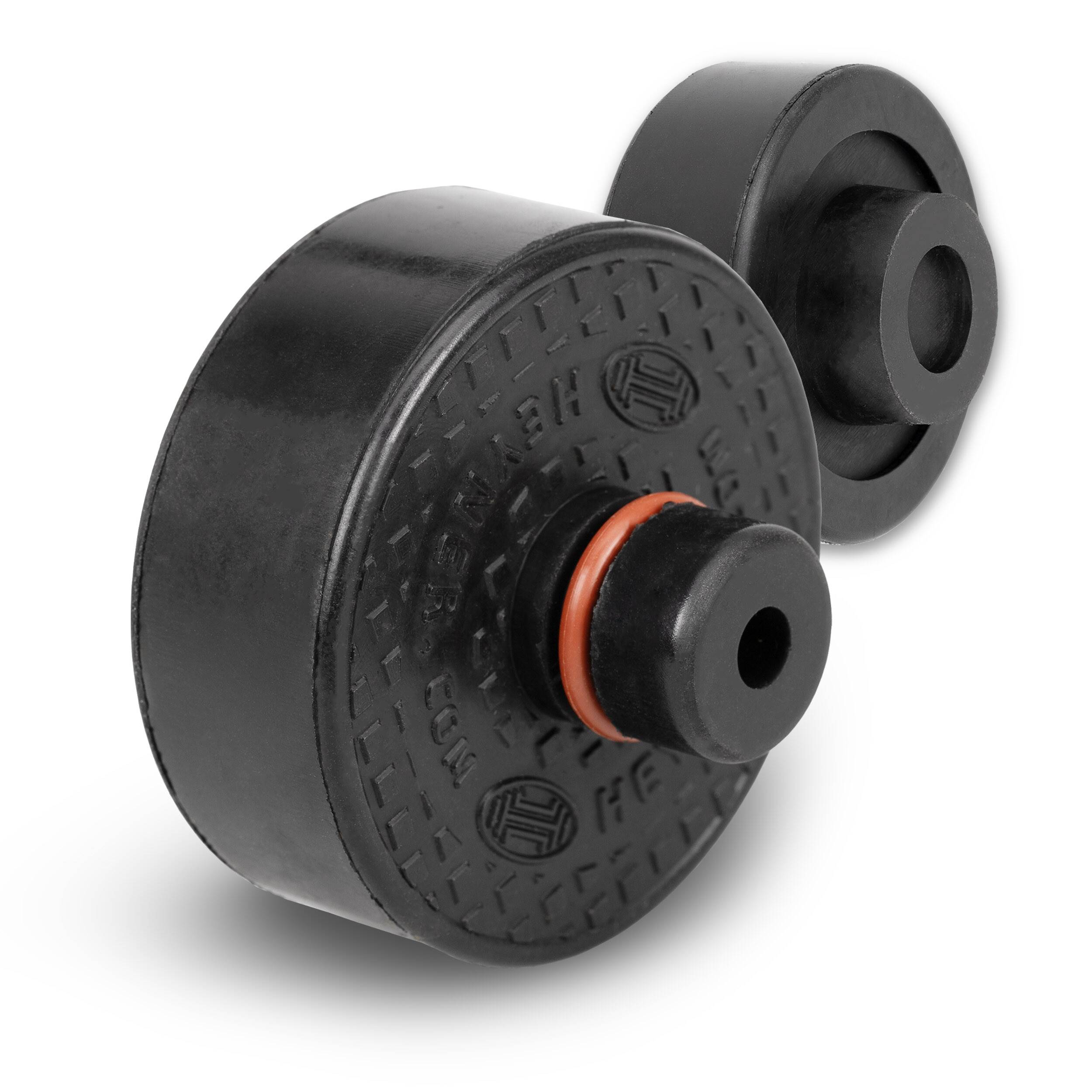 Zwei schwarze Gummischwingungsdämpfer mit kreisförmigen Formen und einer zentralen Nut, entwickelt zur Verringerung von Lärm und Vibration in Maschinen.
