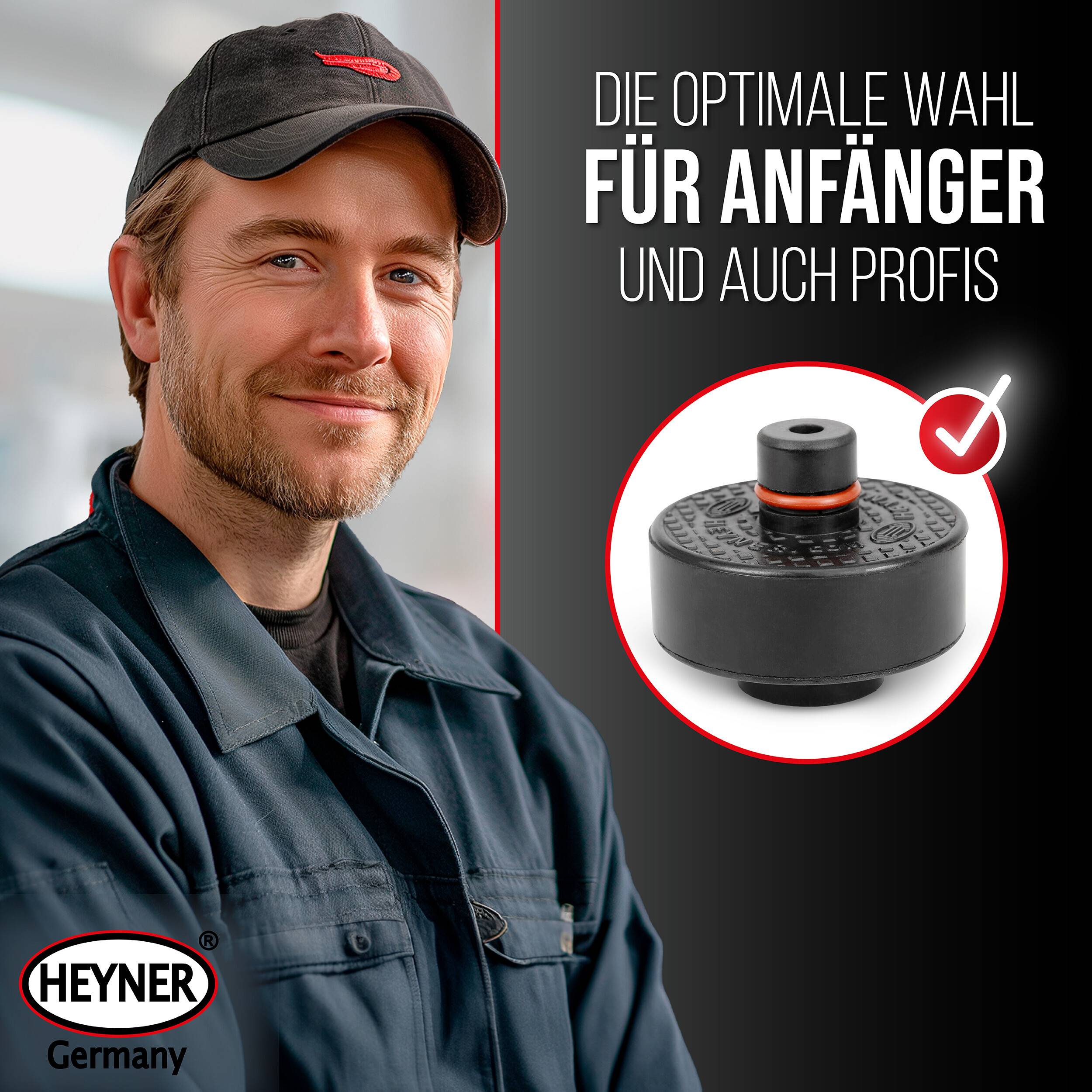 Werbebild eines lächelnden Mechanikers neben einem HEYNER Germany Werkzeug, mit deutschem Text „Die optimale Wahl für Anfänger und auch Profis