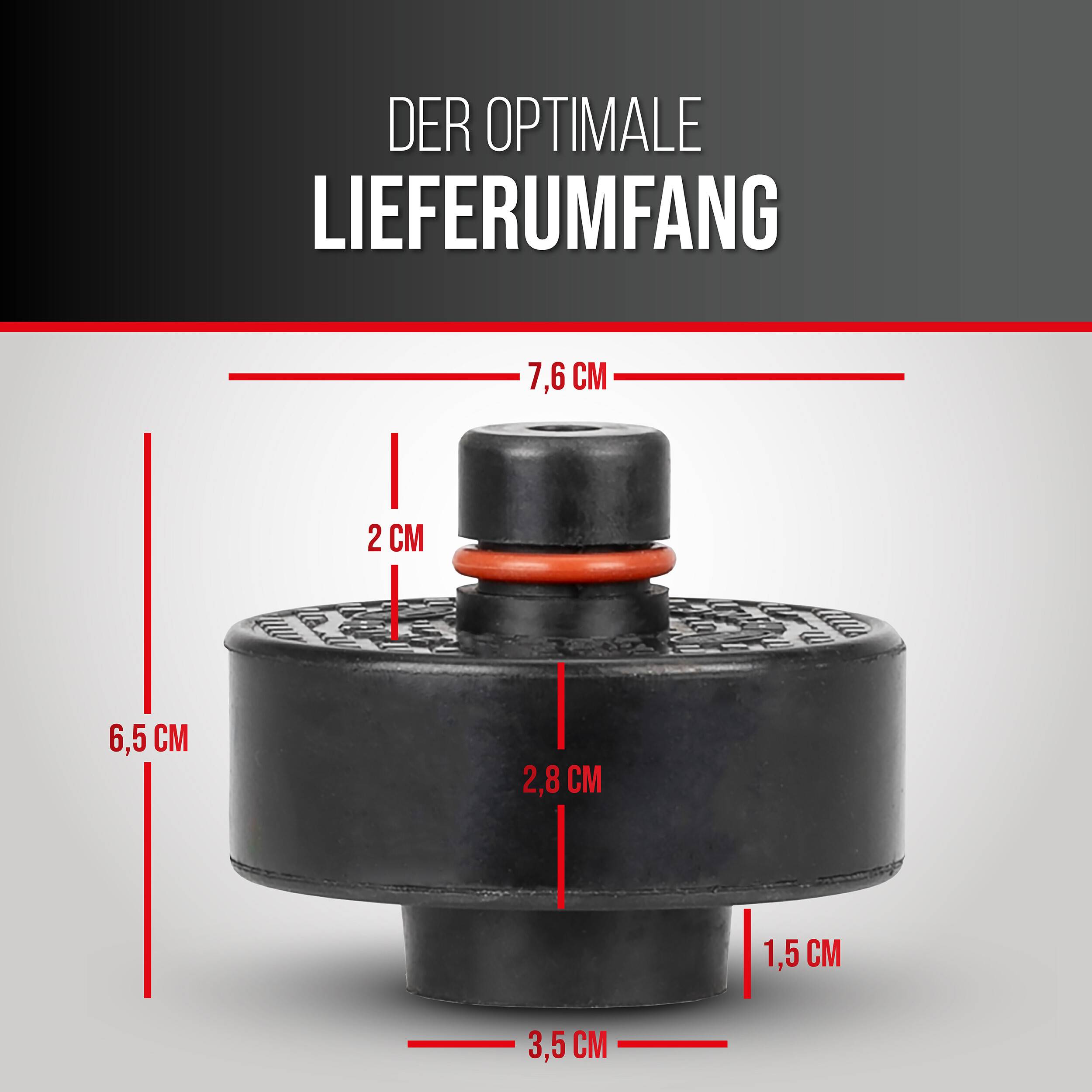 Produktdiagramm eines schwarzen zylindrischen Teils mit der Bezeichnung „Der optimale Lieferumfang