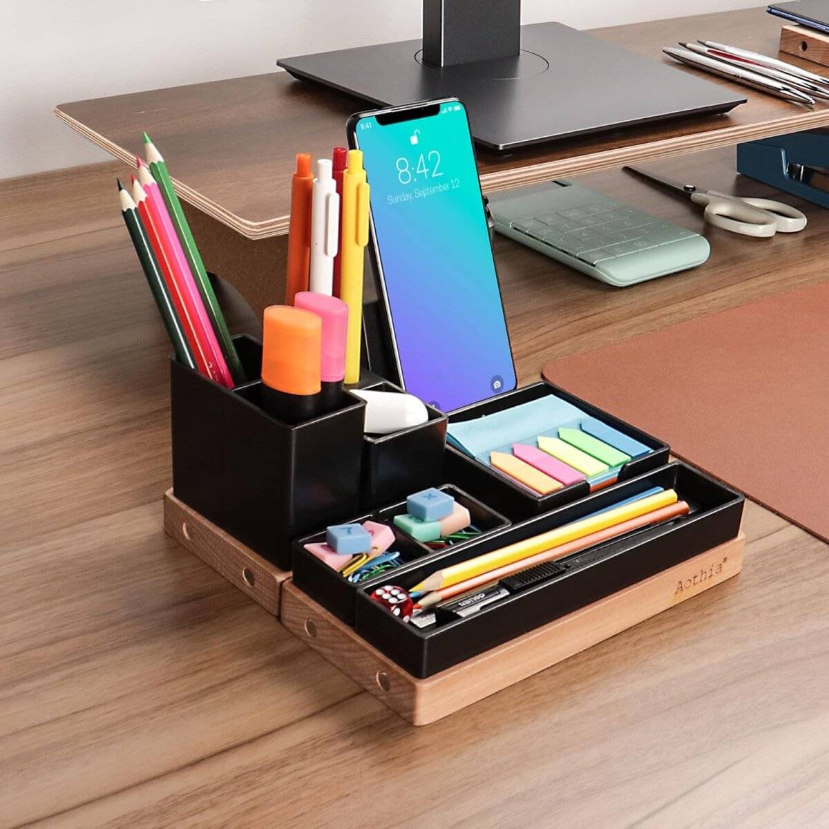 Einstellbarer Schreibtisch-Organizer - Magnetische Holzplatte mit 6 Fächern