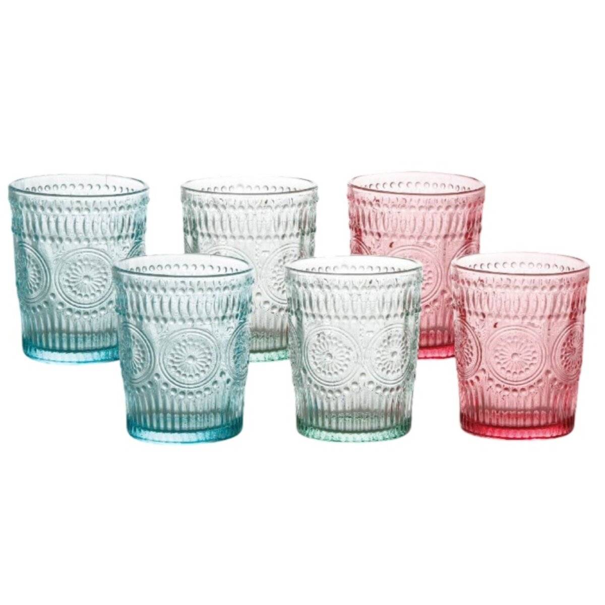 6er Set Trinkgläser 300ml Vintage-Retro Design - Gläser in drei Farben