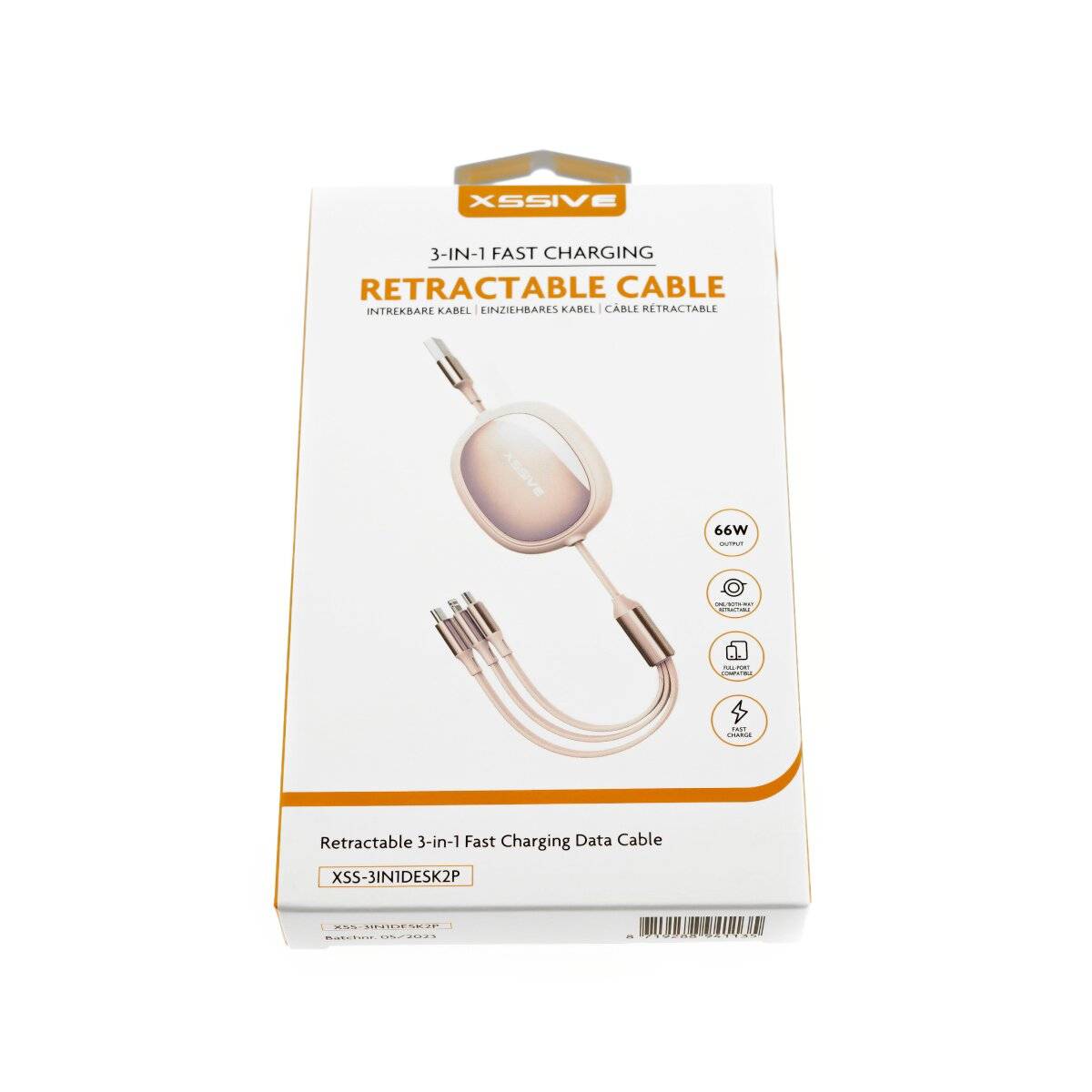 66 W 3-in-1-Schnellladegerät mit ausziehbarem Kabel vollem Anschluss