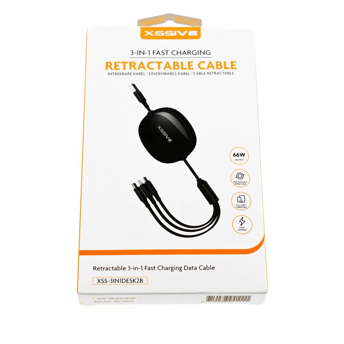 66 W 3-in-1-Schnellladegerät mit ausziehbarem Kabel vollem Anschluss