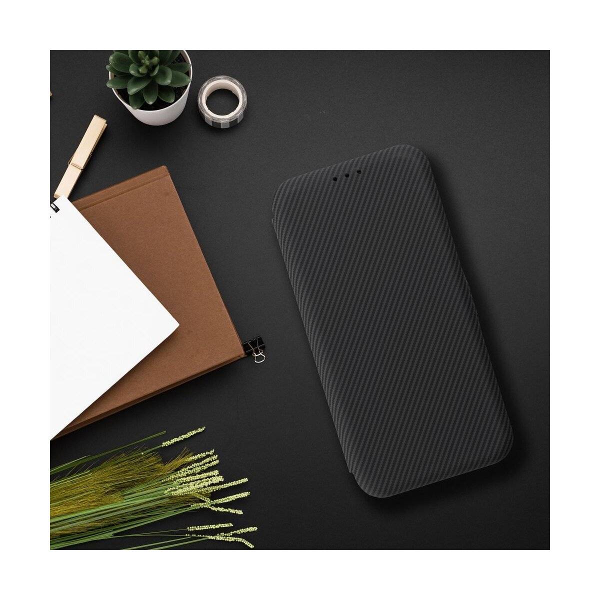 Side Magnet Carbon Buchtasche kompatibel mit iPhone 16 Plus Schwarz