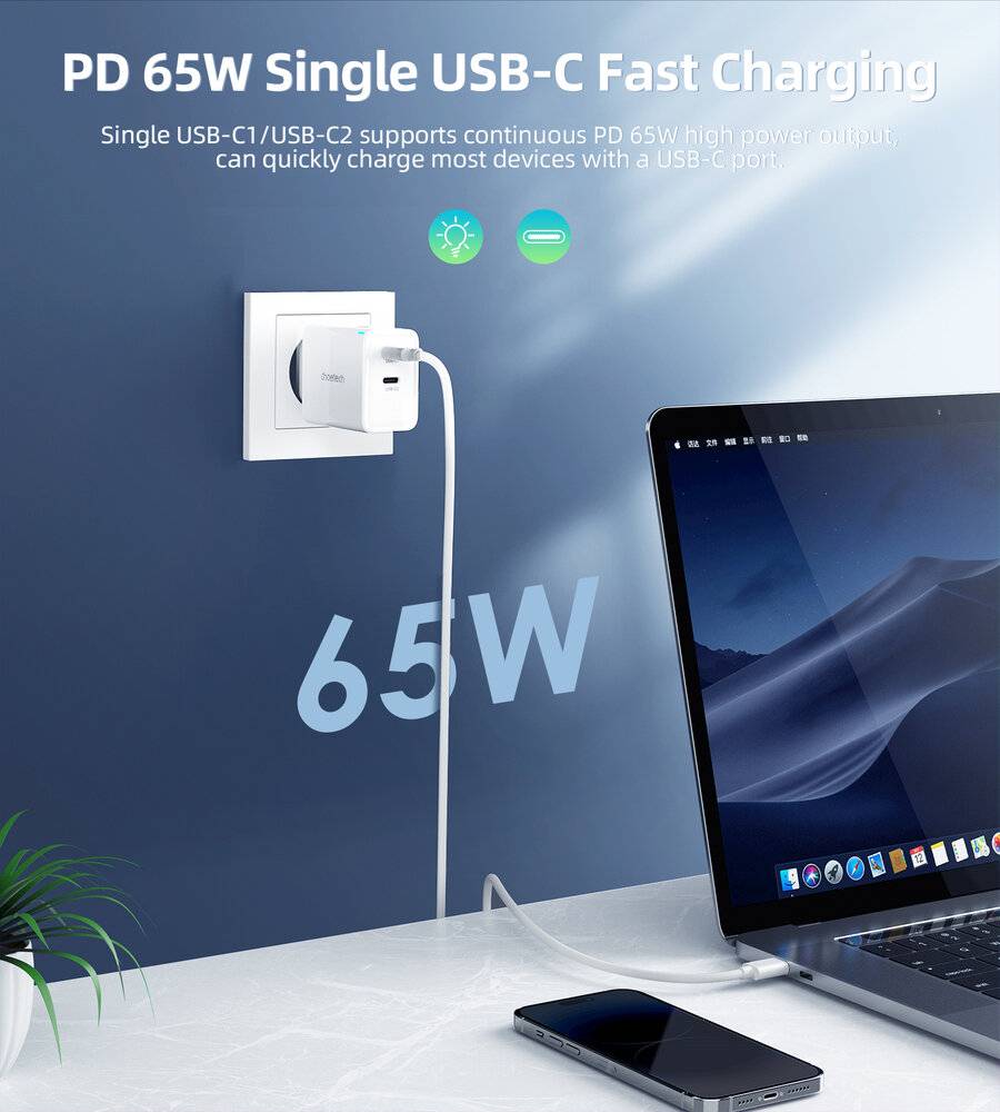 Choetech PD6013 GaN-Netzladegerät, 65W, 2x USB-C, Power Delivery, weiß