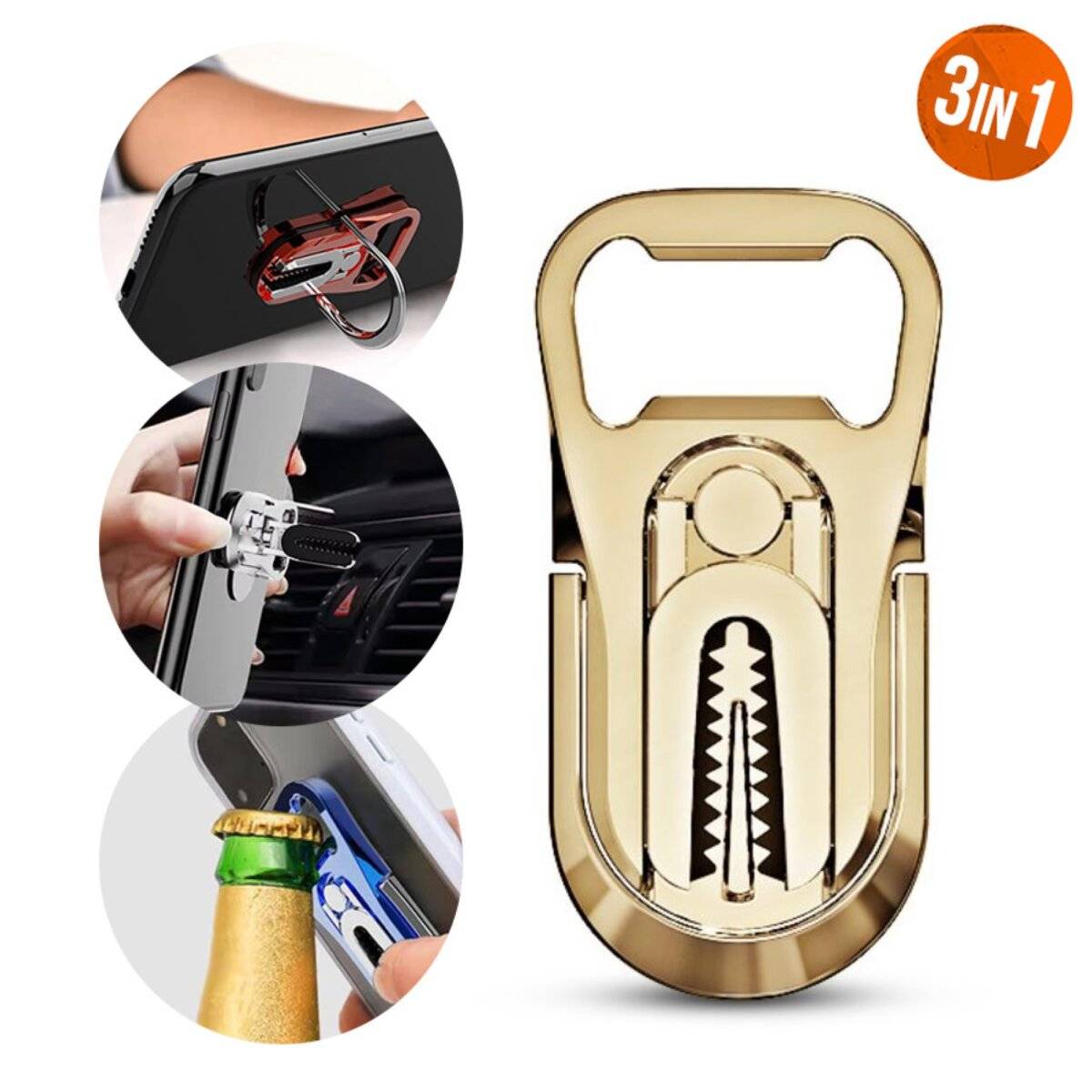 Praktisch und Stylisch: Die 3-in-1 Handyhalterung mit Flaschenöffner & 360°-Drehfunktion Gold