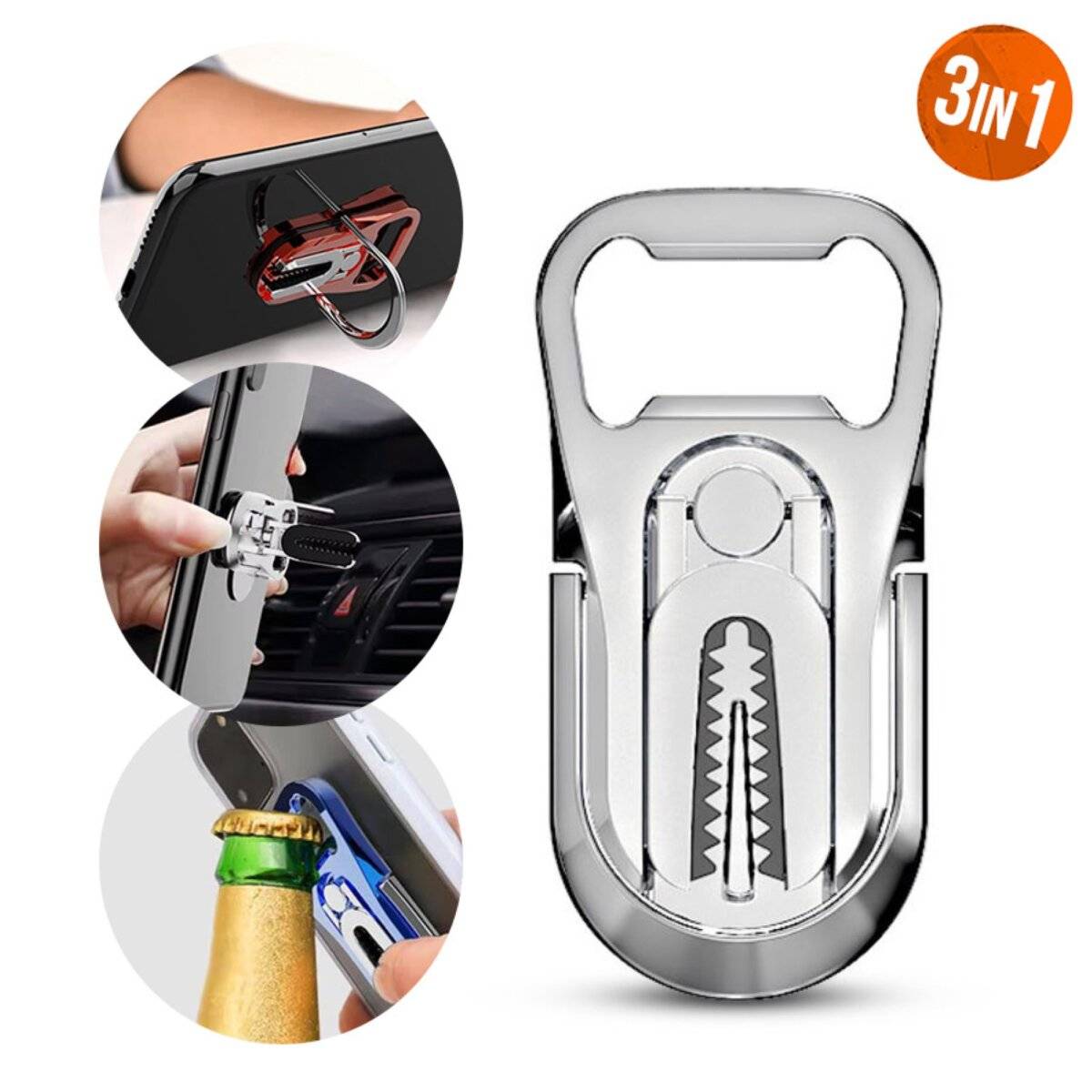 Praktisch und Stylisch: Die 3-in-1 Handyhalterung mit Flaschenöffner & 360°-Drehfunktion Silber