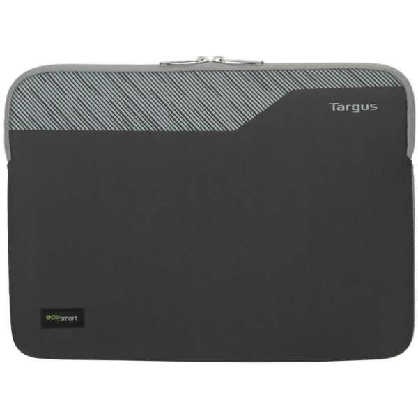 Schwarze Targus Laptop-Tasche mit grauem strukturiertem Oberflächen-Panel und kleinem „ecosmart