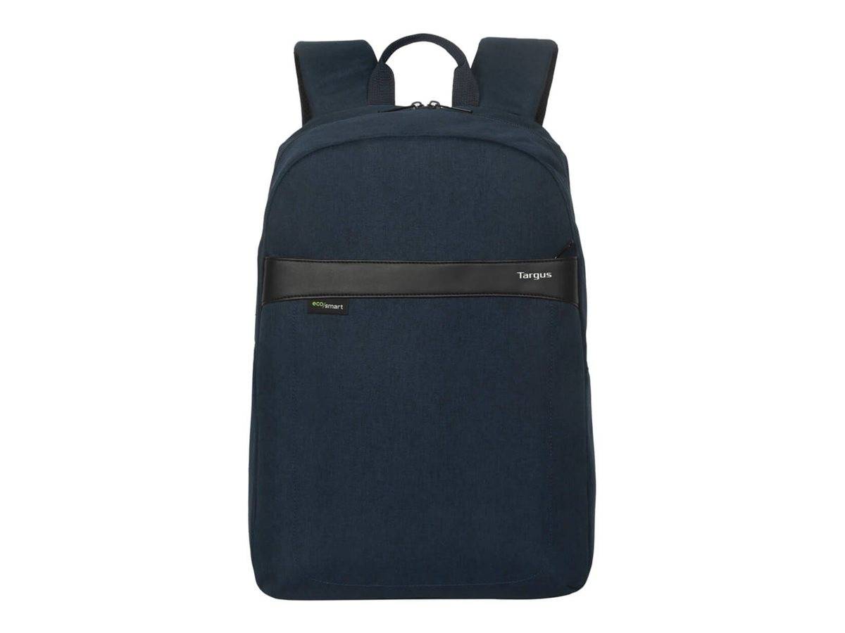 Dunkelblauer Targus-Rucksack mit Griff oben und Reißverschlusstasche vorne auf weißem Hintergrund.