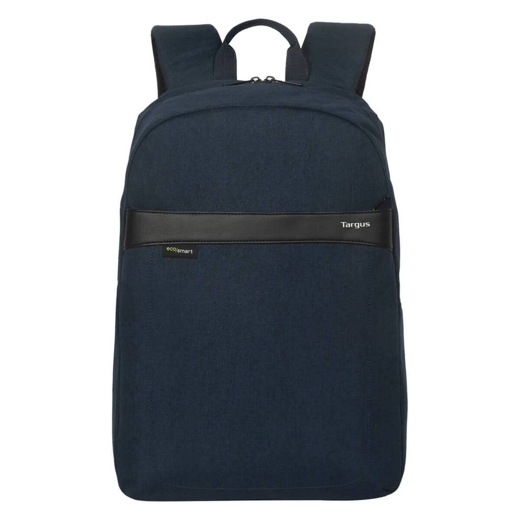 Dunkelblauer Targus-Rucksack mit Tragegriff oben und Reißverschlusstasche vorne auf weißem Hintergrund.