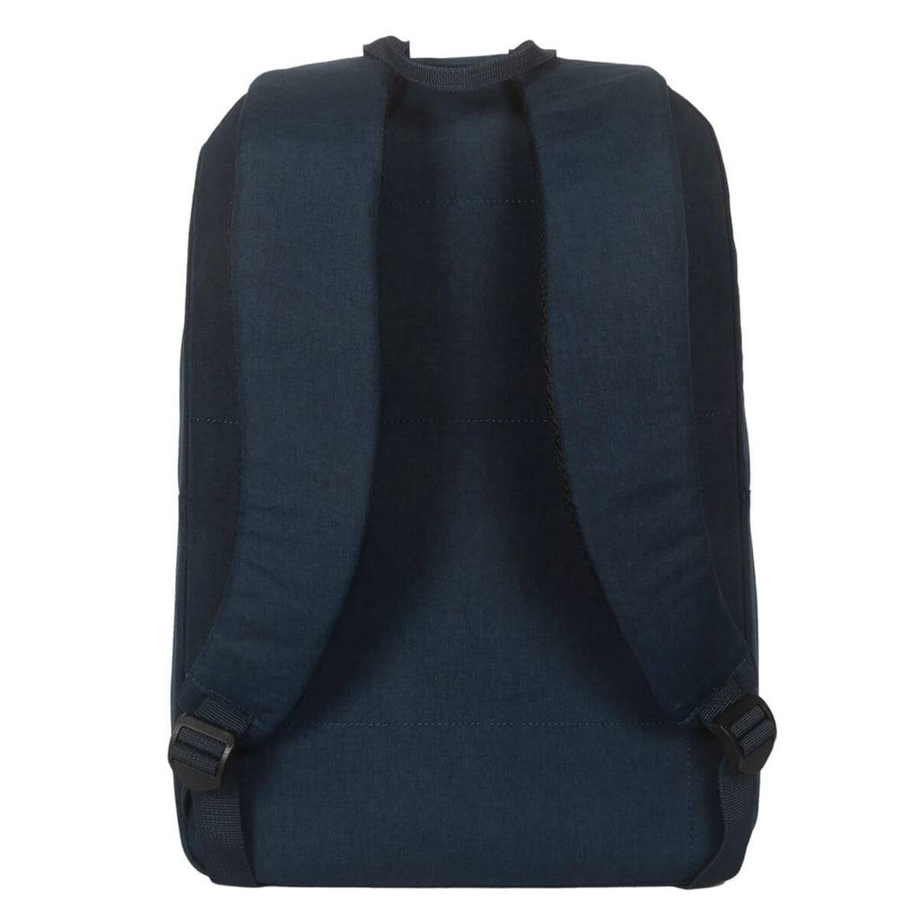 Dunkelbauer Rucksack von hinten gezeigt, mit gepolsterten Schultergurten und einer einfachen rechteckigen Form auf weißem Hintergrund.