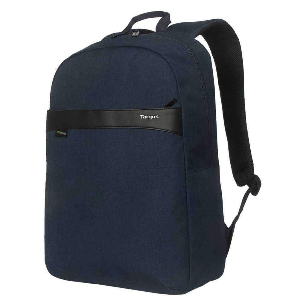 Dunkelblauer Targus-Rucksack mit schwarzen Schultergurten und Tragegriff auf weißem Hintergrund.