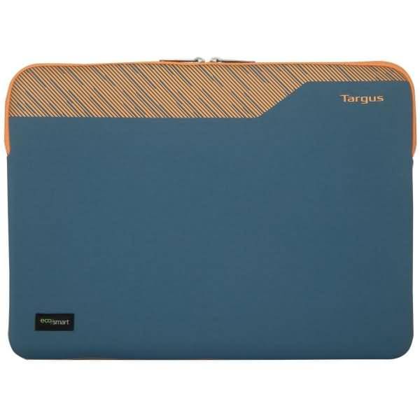 Blaue Targus-Laptop-Schutzhülle mit orangefarbenem Rand und gemustertem oberen Panel, geschlossen auf weißem Hintergrund dargestellt.