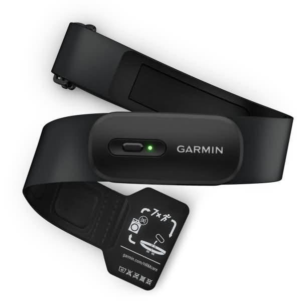 Garmin schwarzer, am Riemen befestigter Fitness-Tracker mit grünem Statuslicht und bedruckten Trainings-Symbolen am Band