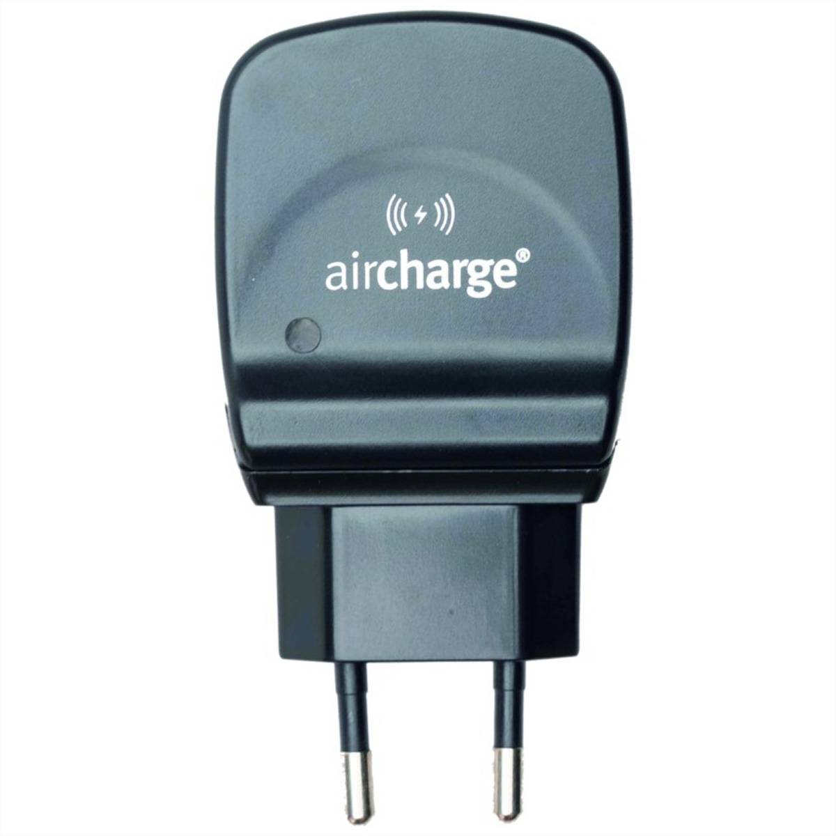 Ein schwarzer Aircharge-Stecker mit abgerundeten Kanten und zwei Stiften, auf der Vorderseite mit dem „Aircharge